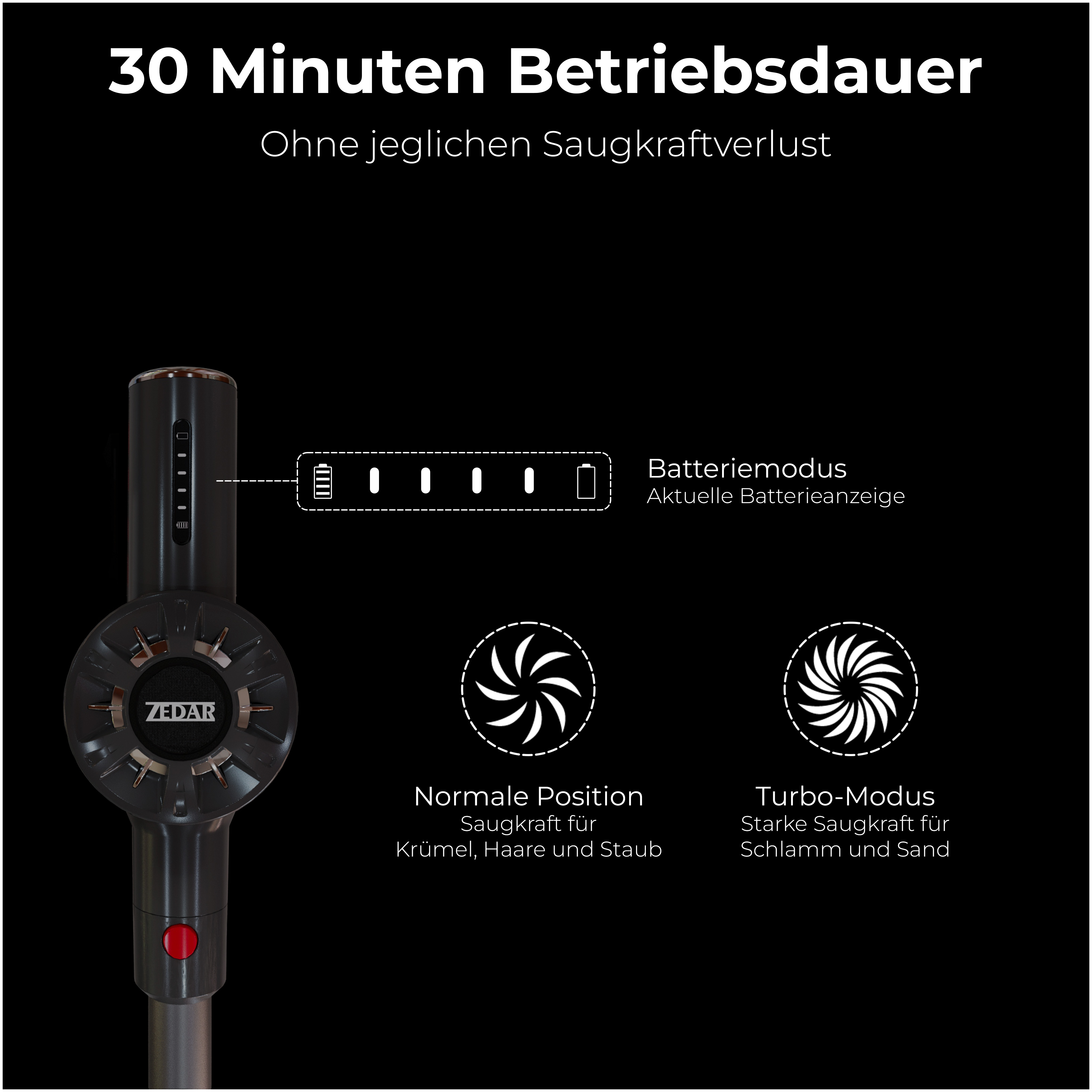 Staubsauger mit Akkuanzeige und zwei Saugmodi: normal und Turbo. Schwarze Farbe.
