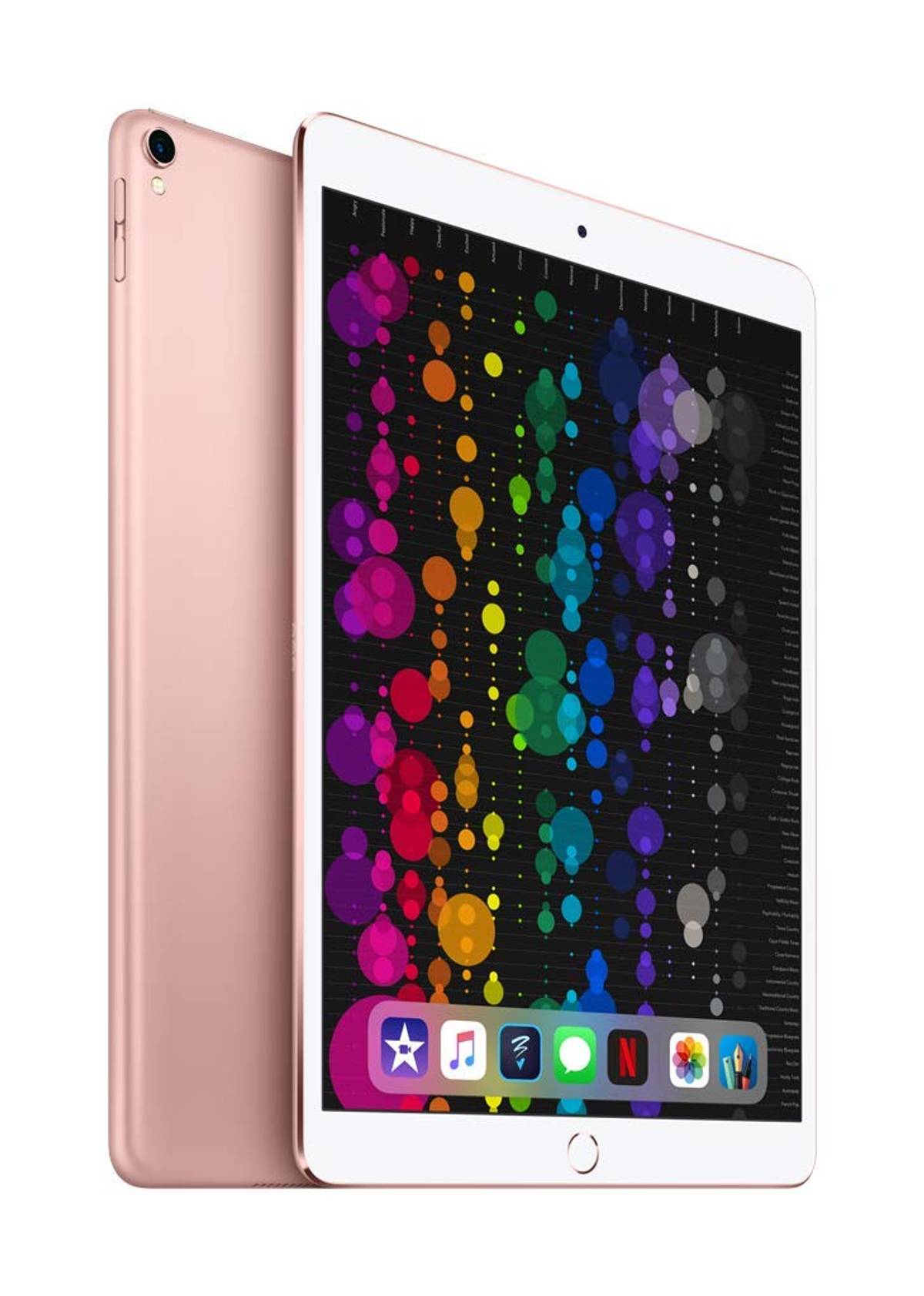 iPad color oro rosa con pantalla colorida, borde blanco y vista lateral.