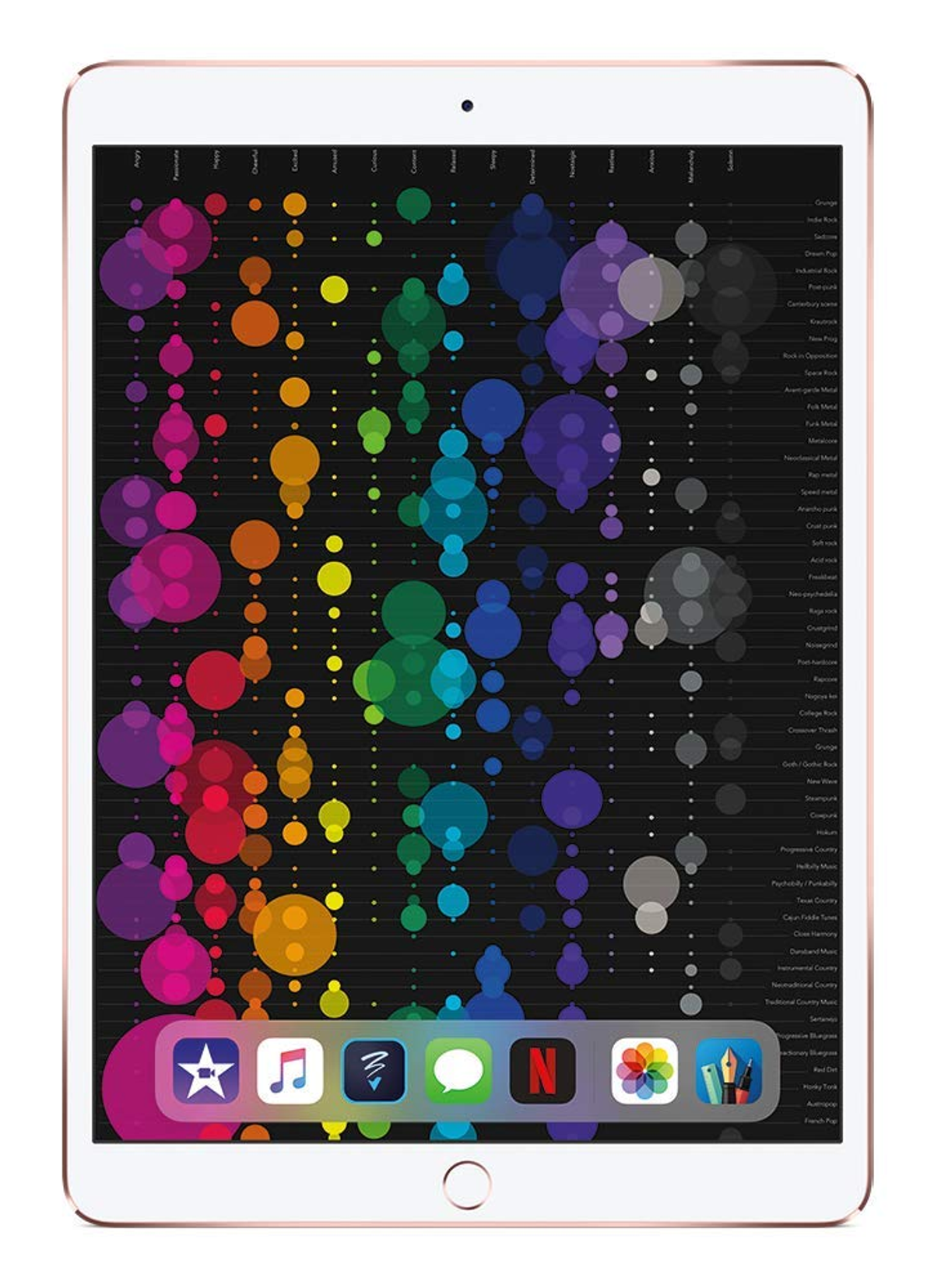 Un iPad que muestra un gráfico colorido relacionado con la música con iconos de aplicaciones en la parte inferior.