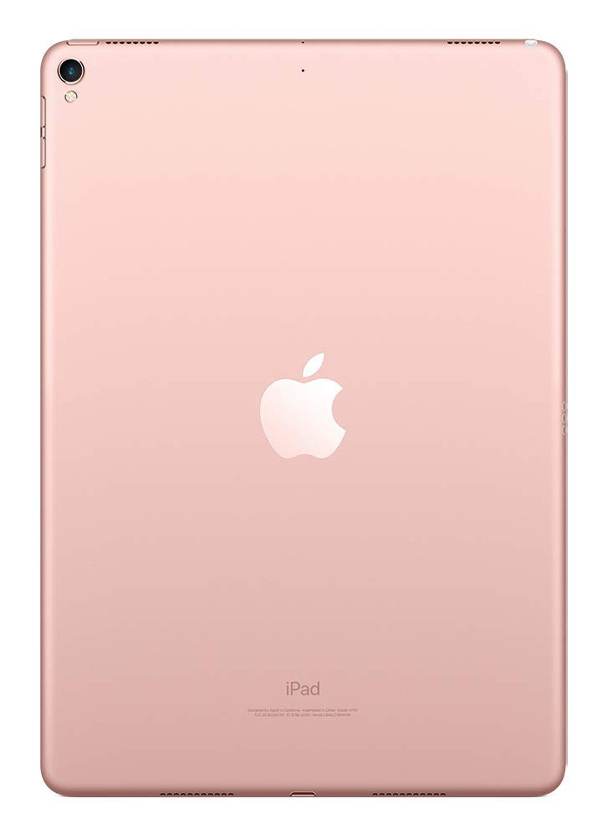 Parte trasera de iPad color oro rosa. El logotipo de Apple está centrado y la etiqueta iPad en la parte inferior.