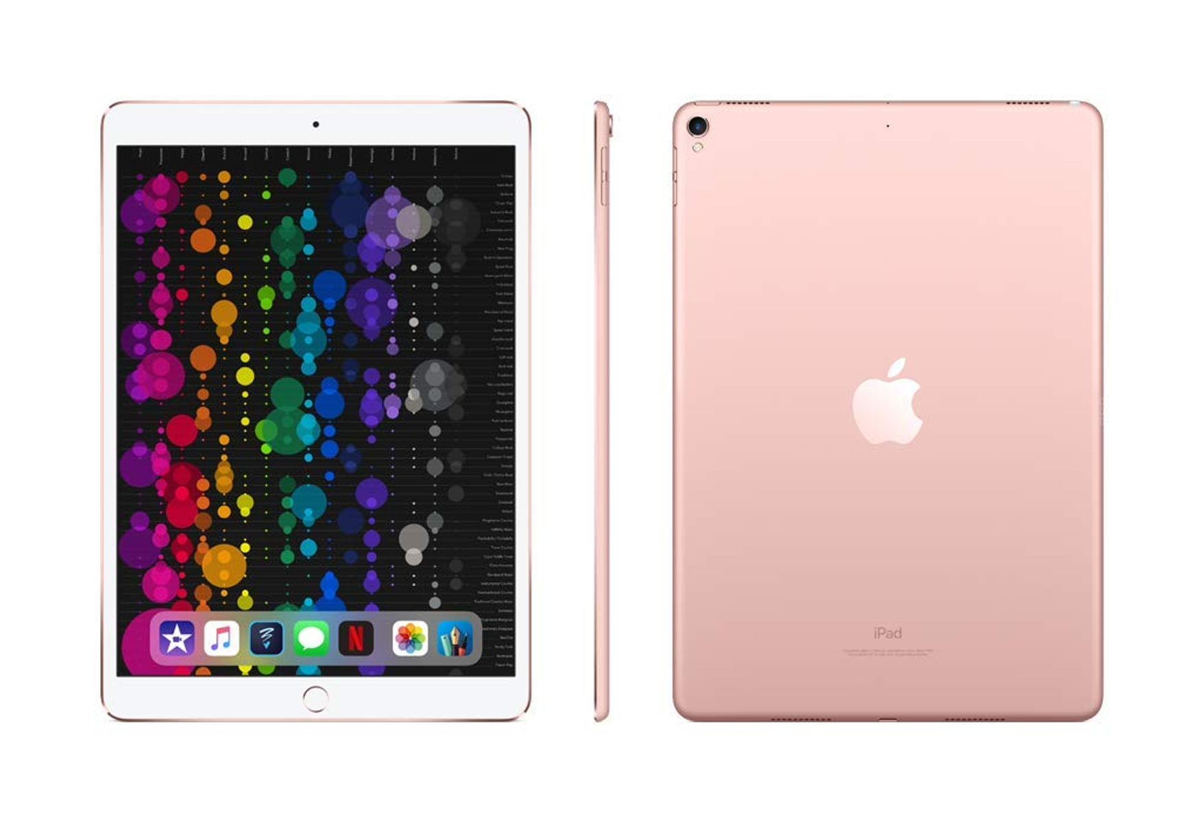 Un iPad en oro rosa, mostrando vistas frontal, lateral y trasera. La pantalla muestra un gráfico colorido.