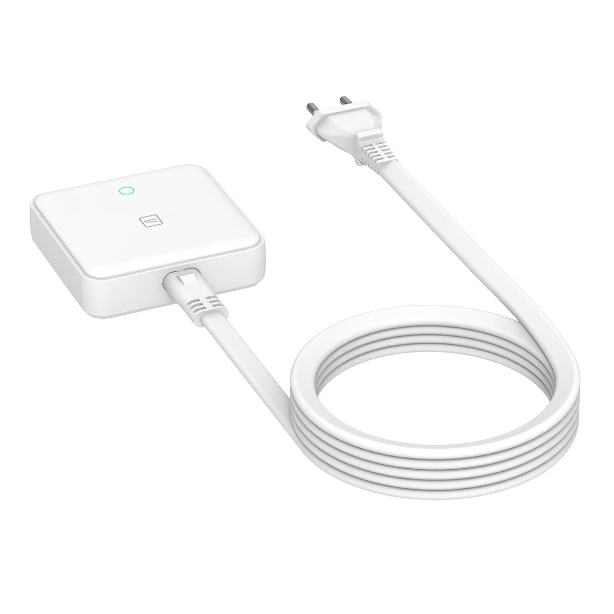 Un dispositivo domestico intelligente bianco con un cavo e una spina.