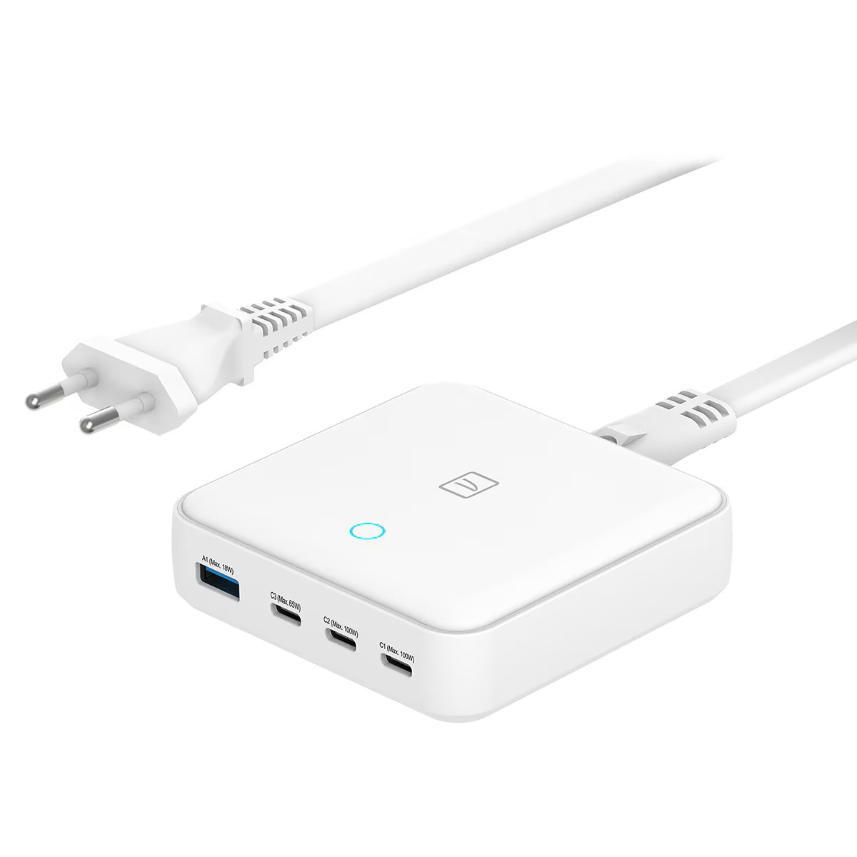 Un adattatore di alimentazione bianco con più porte e un cavo di alimentazione bianco.
