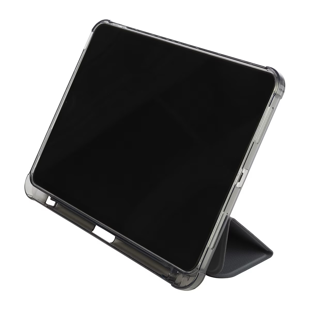 Tablet in una custodia trasparente, angolato per la visualizzazione.
