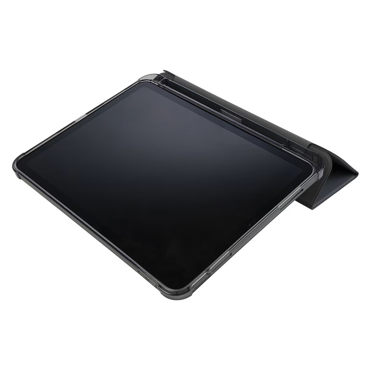 Un tablet nero in una custodia trasparente, su una superficie bianca, in posizione angolata.