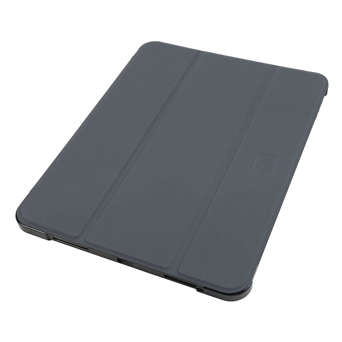 Una custodia per tablet grigio scuro con chiusura magnetica, la custodia è chiusa.