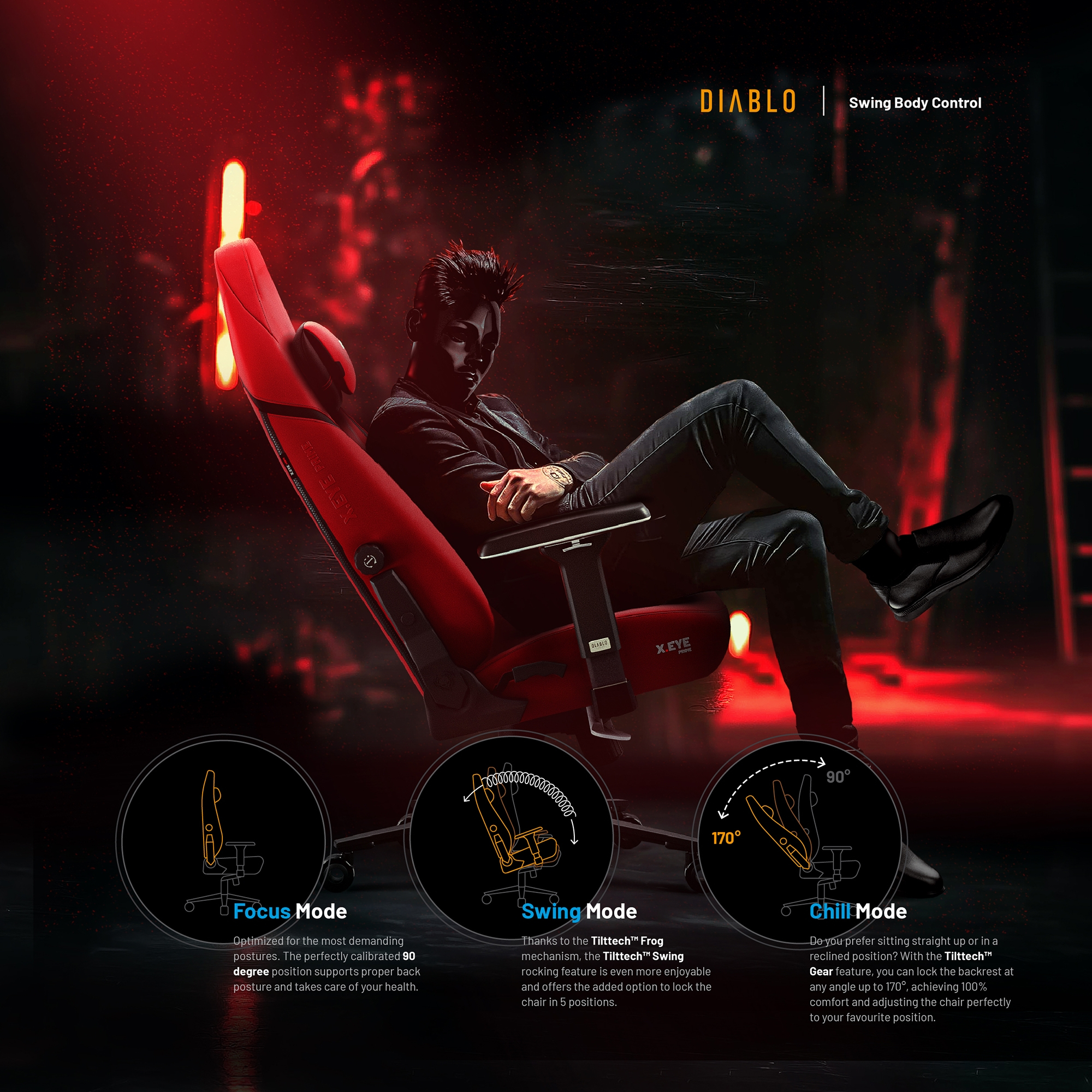 Mężczyzna siedzący w czerwonym fotelu gamingowym z różnymi trybami wsparcia pleców i komfortu.