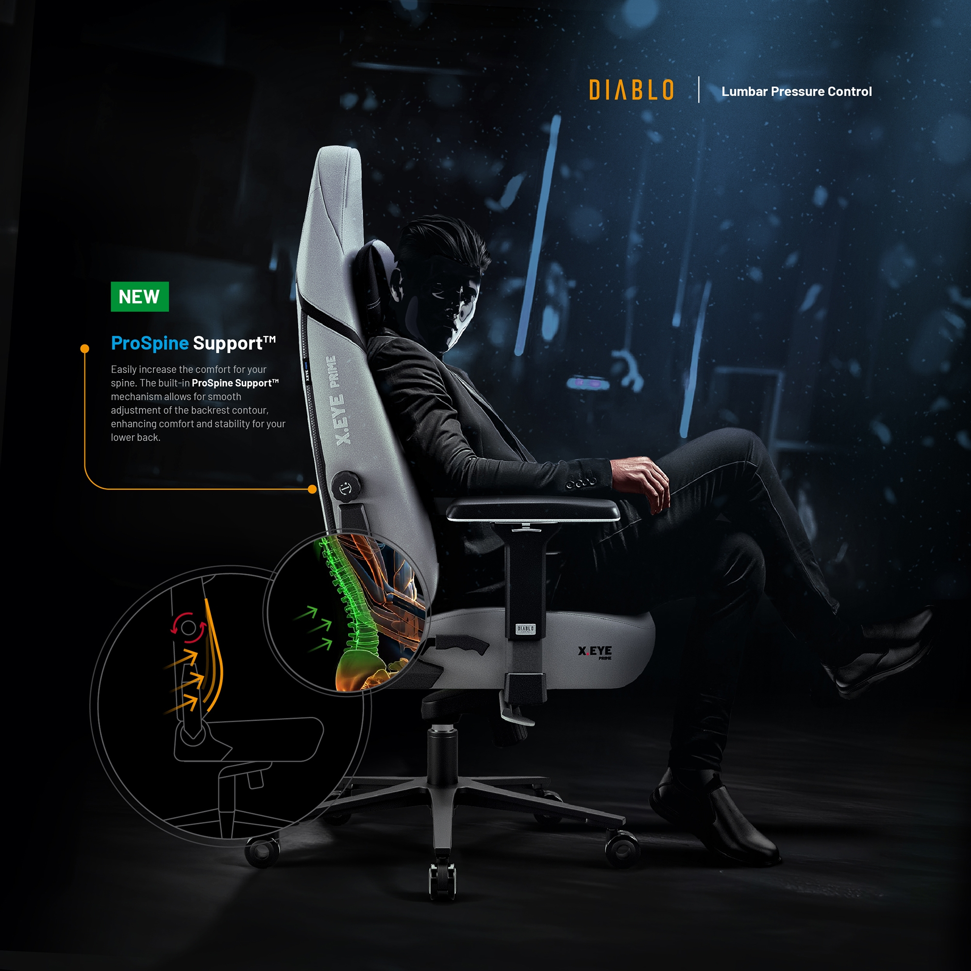 Mężczyzna w czarnej masce siedzący na szarym fotelu gamingowym z tekstem i diagramem. Ciemne tło.