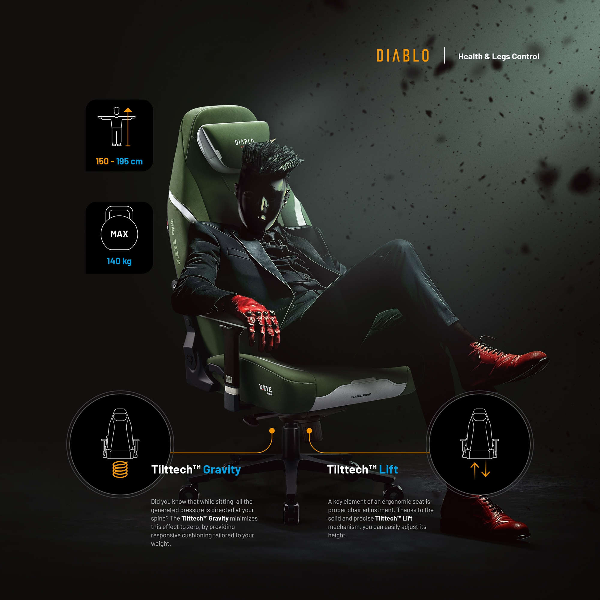 Mężczyzna siedzi na zielonym fotelu gamingowym. Tekst wyjaśnia funkcje: pochylenie, grawitacja i podnoszenie. Logo Diablo Health & Legs Control.