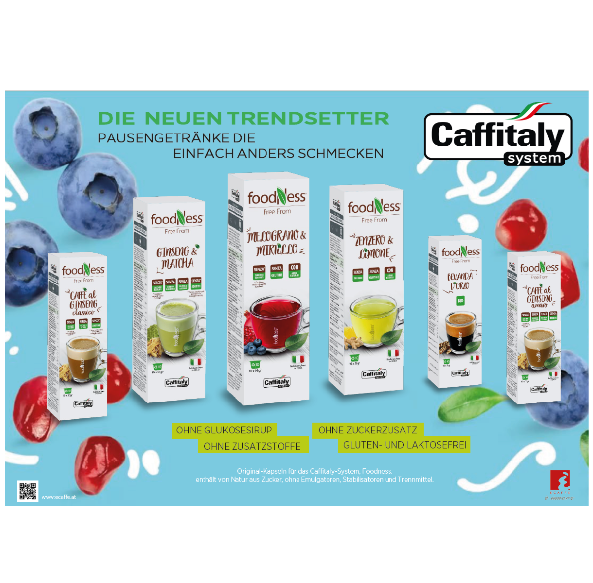 Foodness Kaffeekapsel-Display mit Blaubeeren, Himbeeren und Text.  Verschiedene Kaffeesorten werden angezeigt.