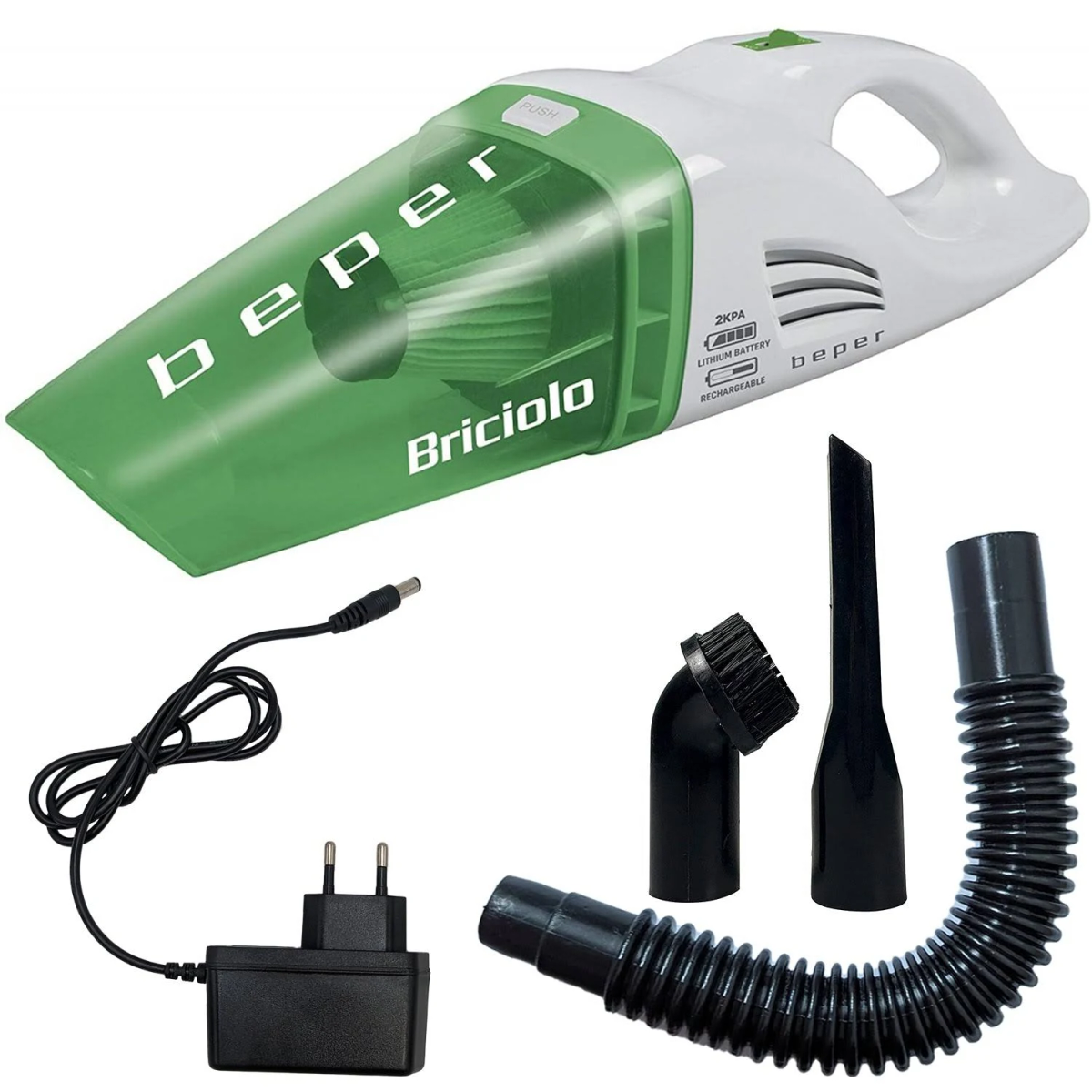 Aspirapolvere portatile bianco e verde con accessori e caricabatterie.