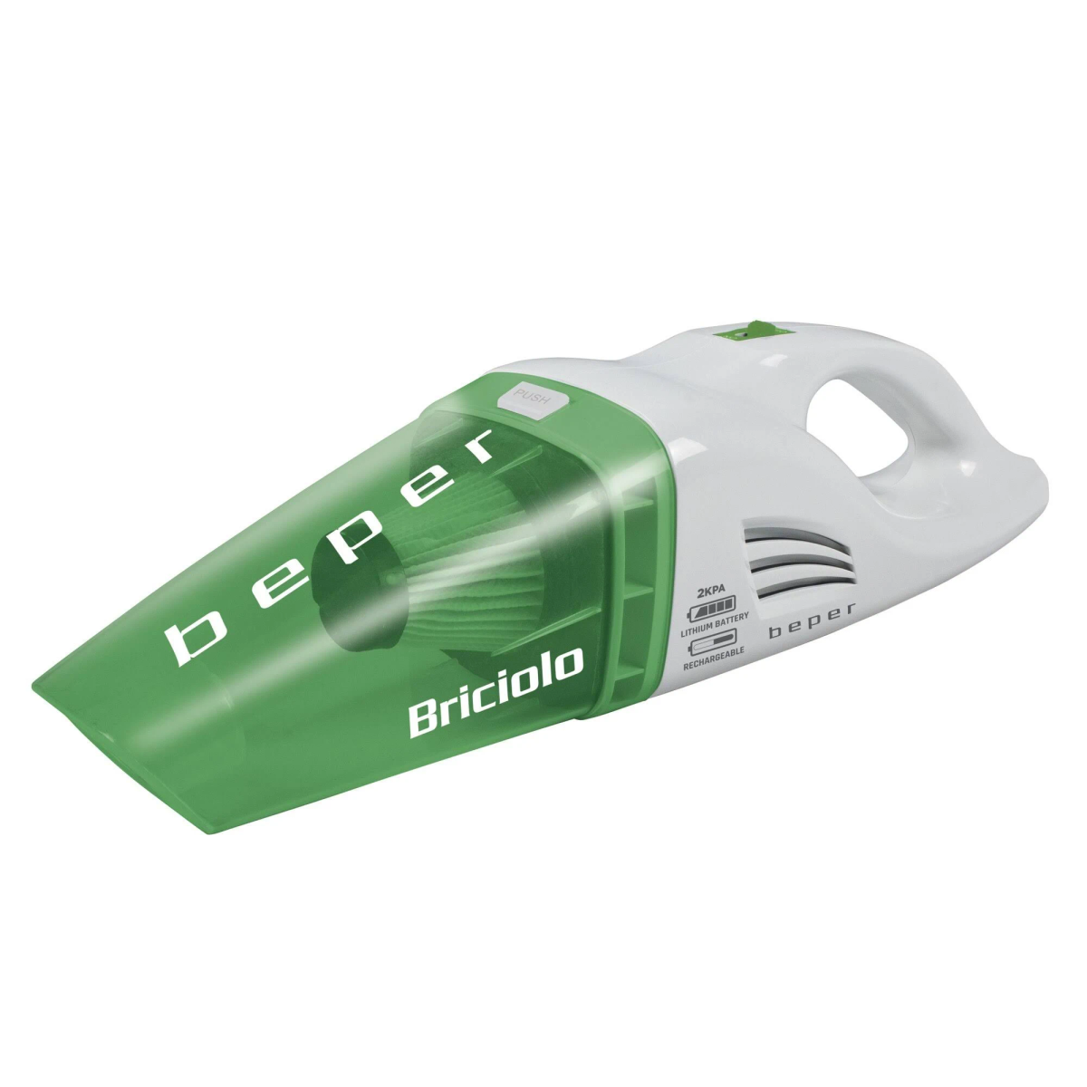 Un piccolo aspirapolvere portatile bianco e verde con la scritta 'beper'.