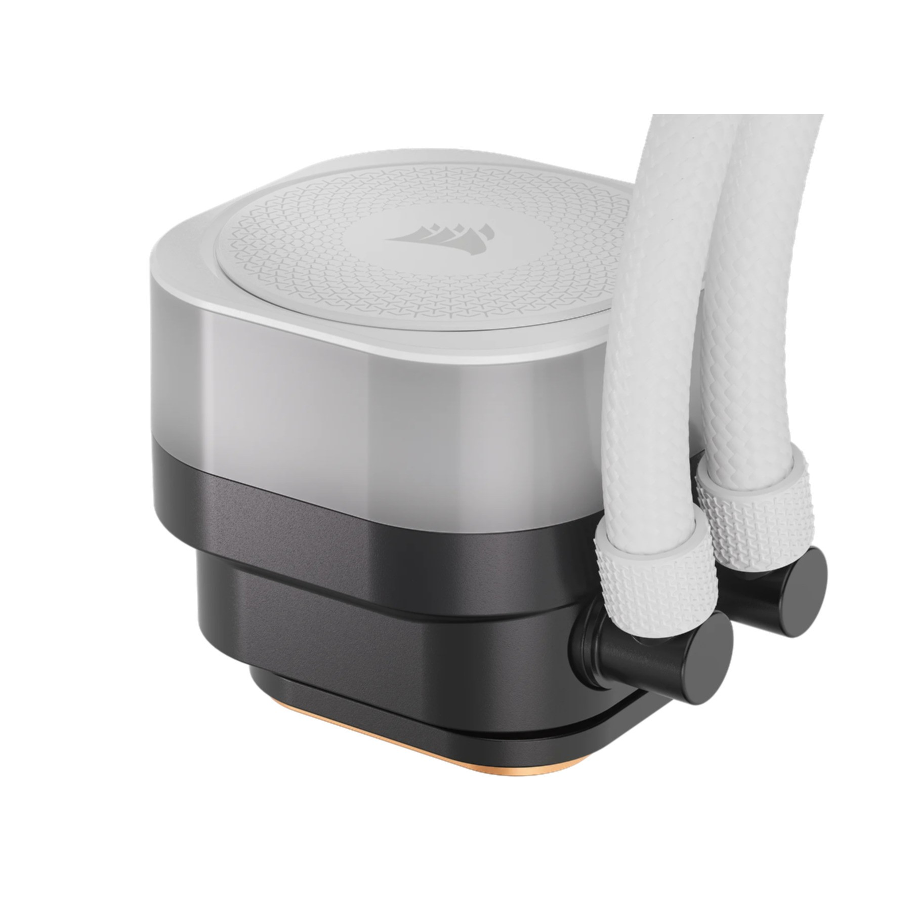 Zbliżenie chłodnicy cieczy. Ma białą górę z logo i czarną podstawę z rurkami.