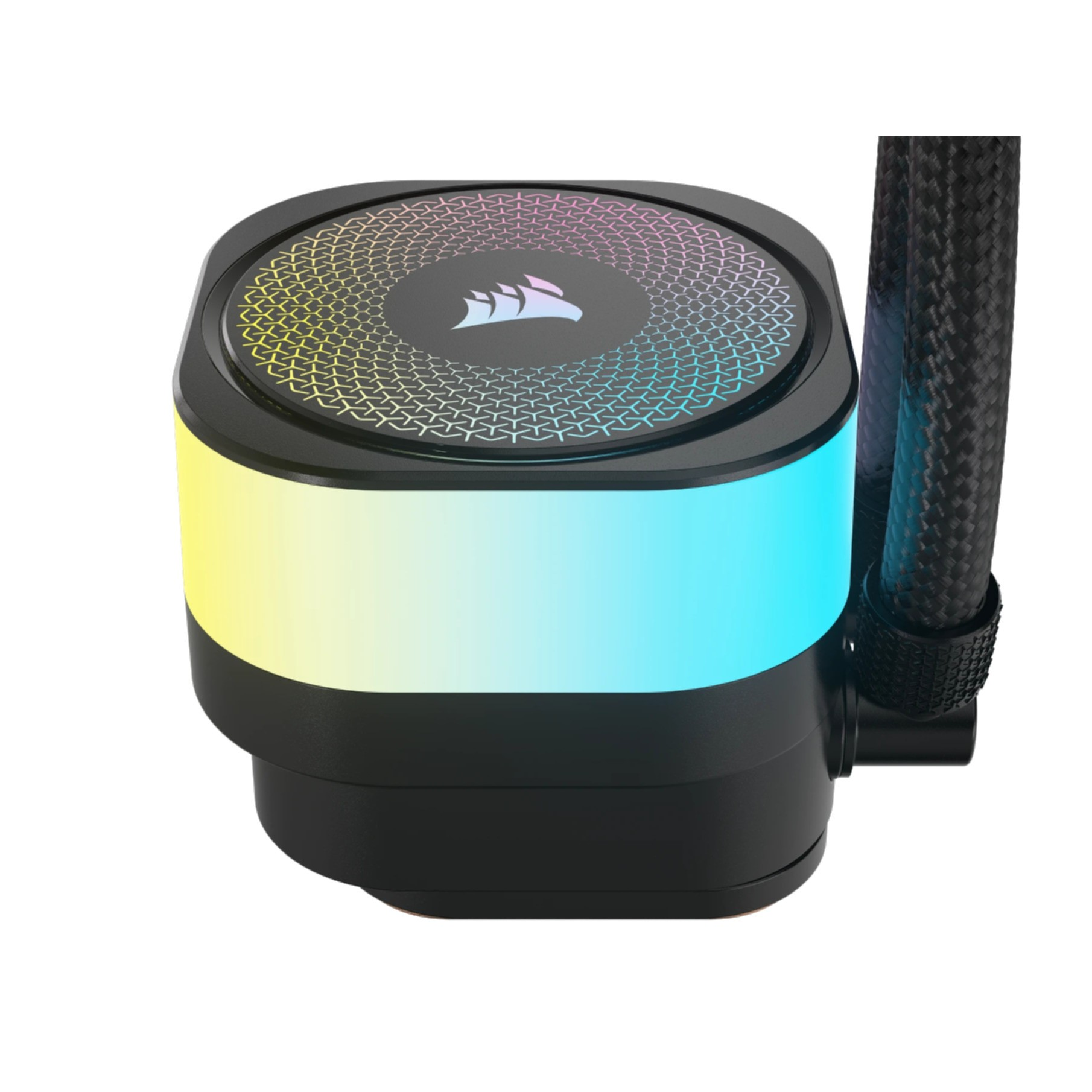 Czarny i wielokolorowy system chłodzenia komputera. Górna część jest podświetlona.