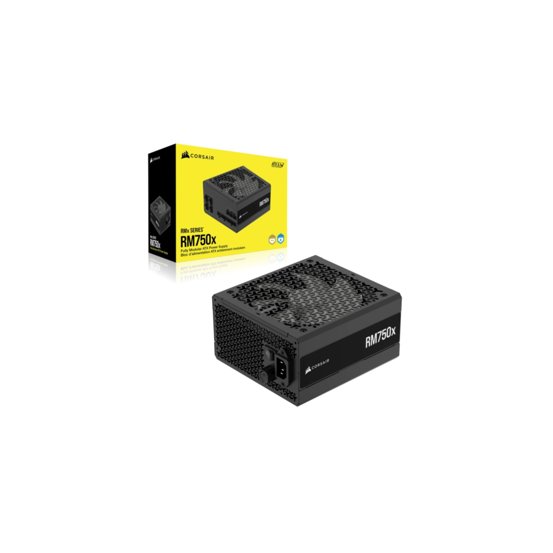 Zasilacz w pudełku. Pudełko ma napisy.