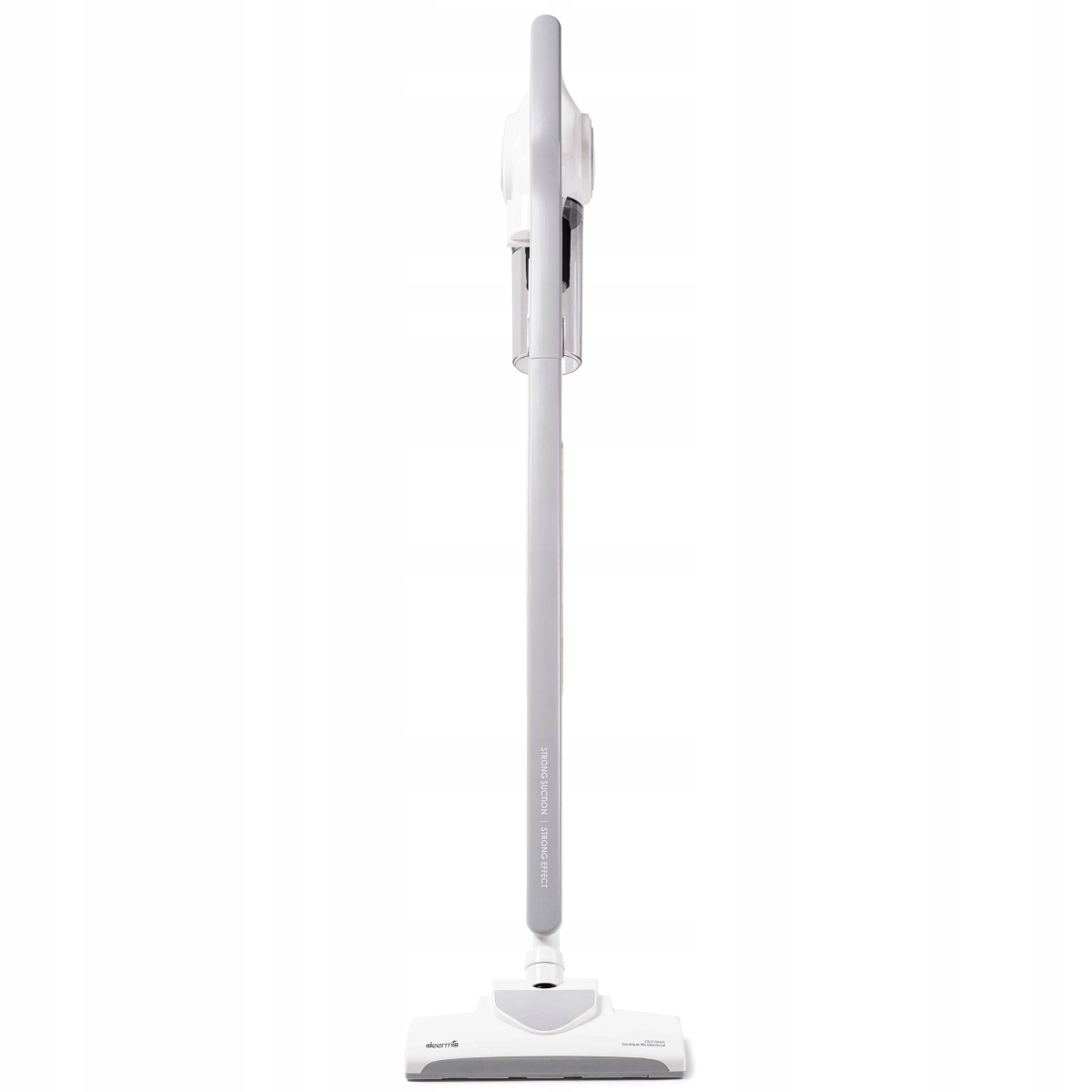 Biały odkurzacz stojący pionowo. Ma długi uchwyt i głowicę czyszczącą.