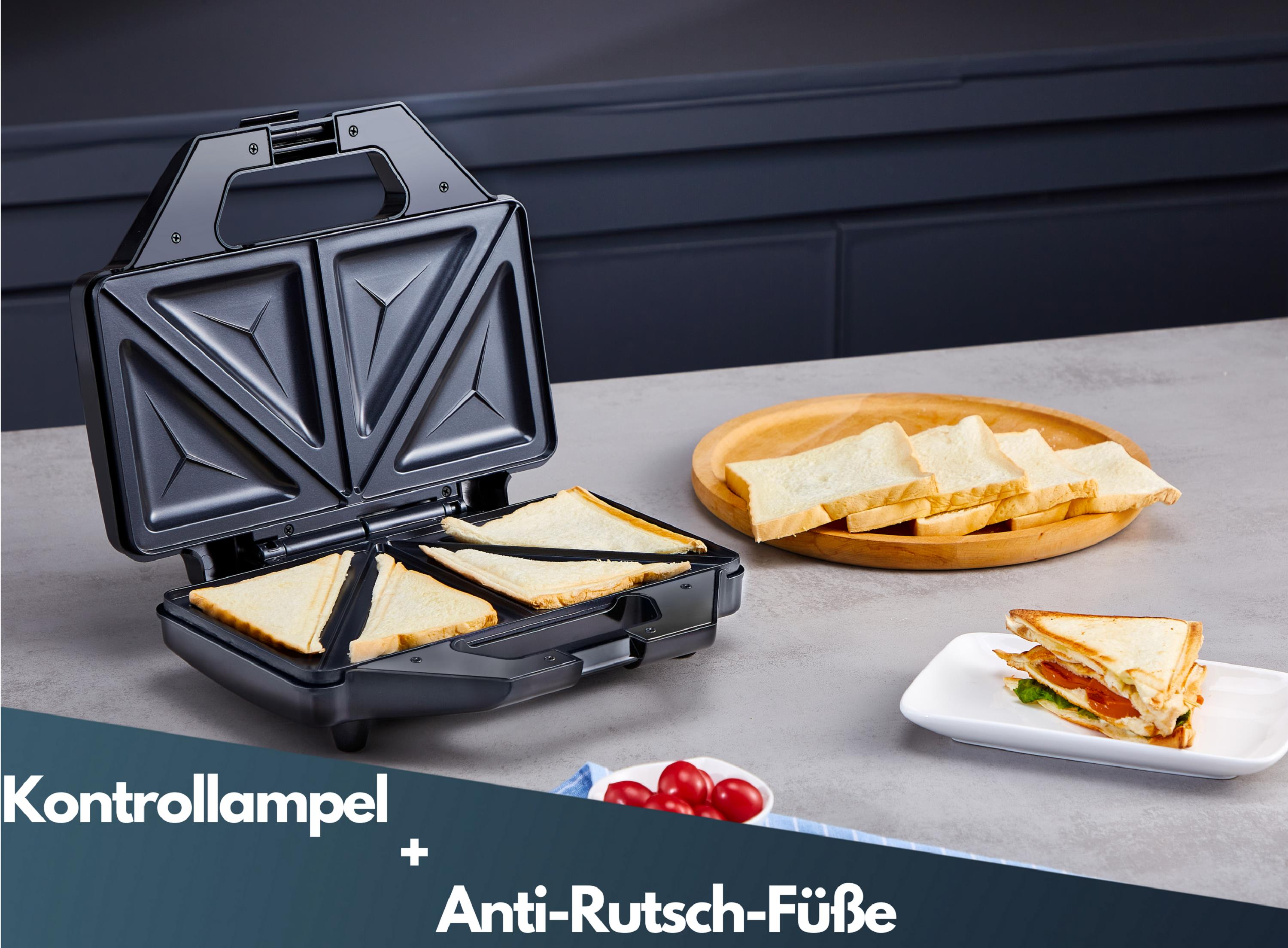 Offener Sandwichmaker mit Sandwiches, Brotscheiben und Sandwich. Schwarz und grau.