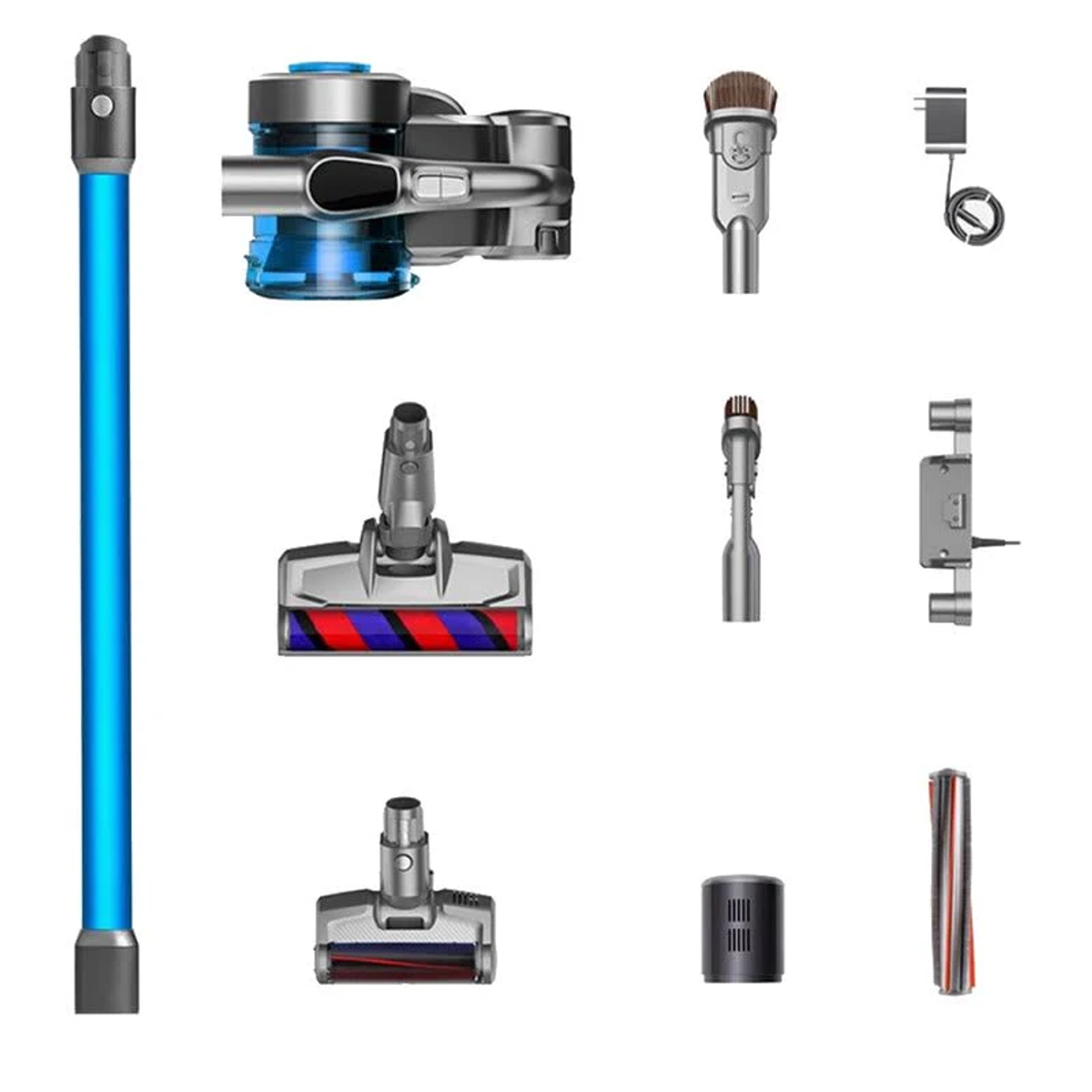 Części odkurzacza są rozłożone. Obejmują niebieską rurę, szczotki i inne elementy.