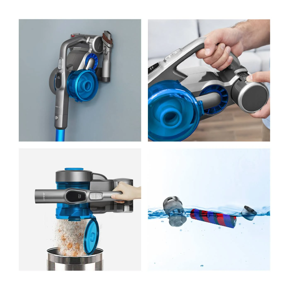 Cztery obrazy przedstawiające bezprzewodowy odkurzacz. Jest niebieski i szary. Obrazy pokazują różne części i czynności.