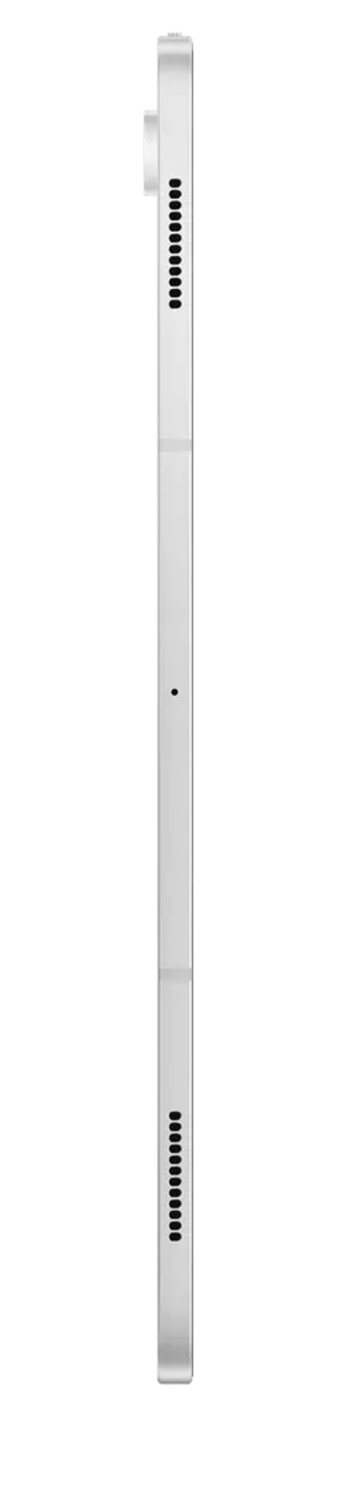 Zijaanzicht van een witte tablet met een camera en luidsprekers.