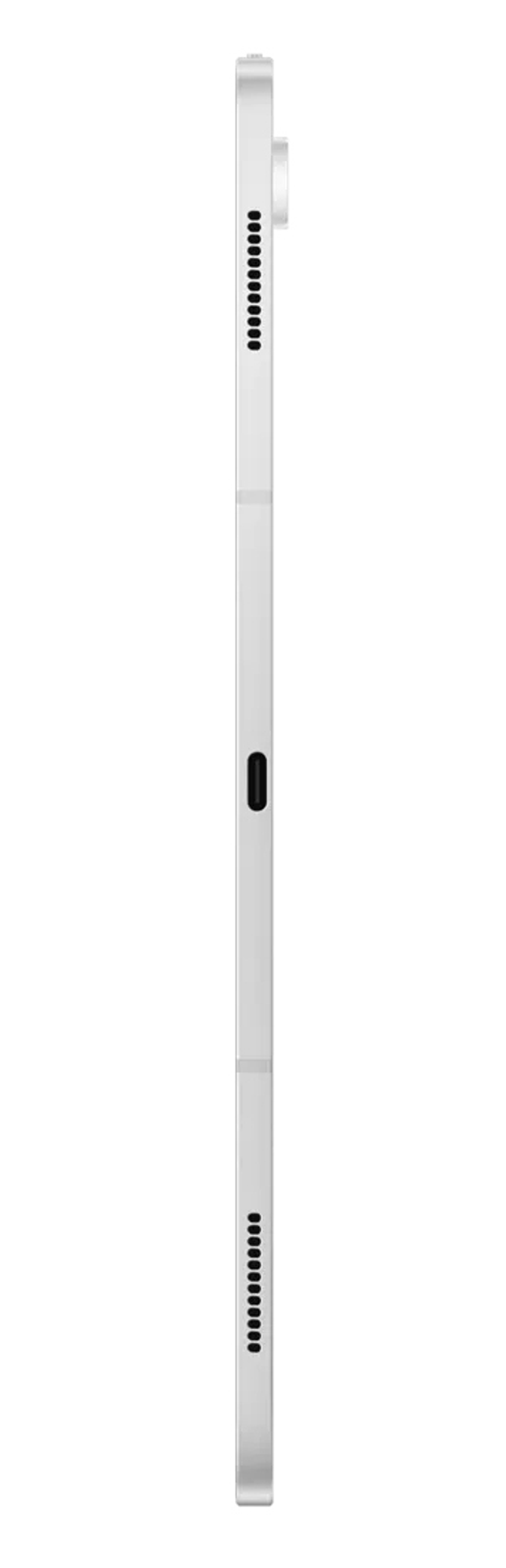 Zijaanzicht van een witte tablet met een zwart frame. Het heeft een camera en luidsprekergaten.