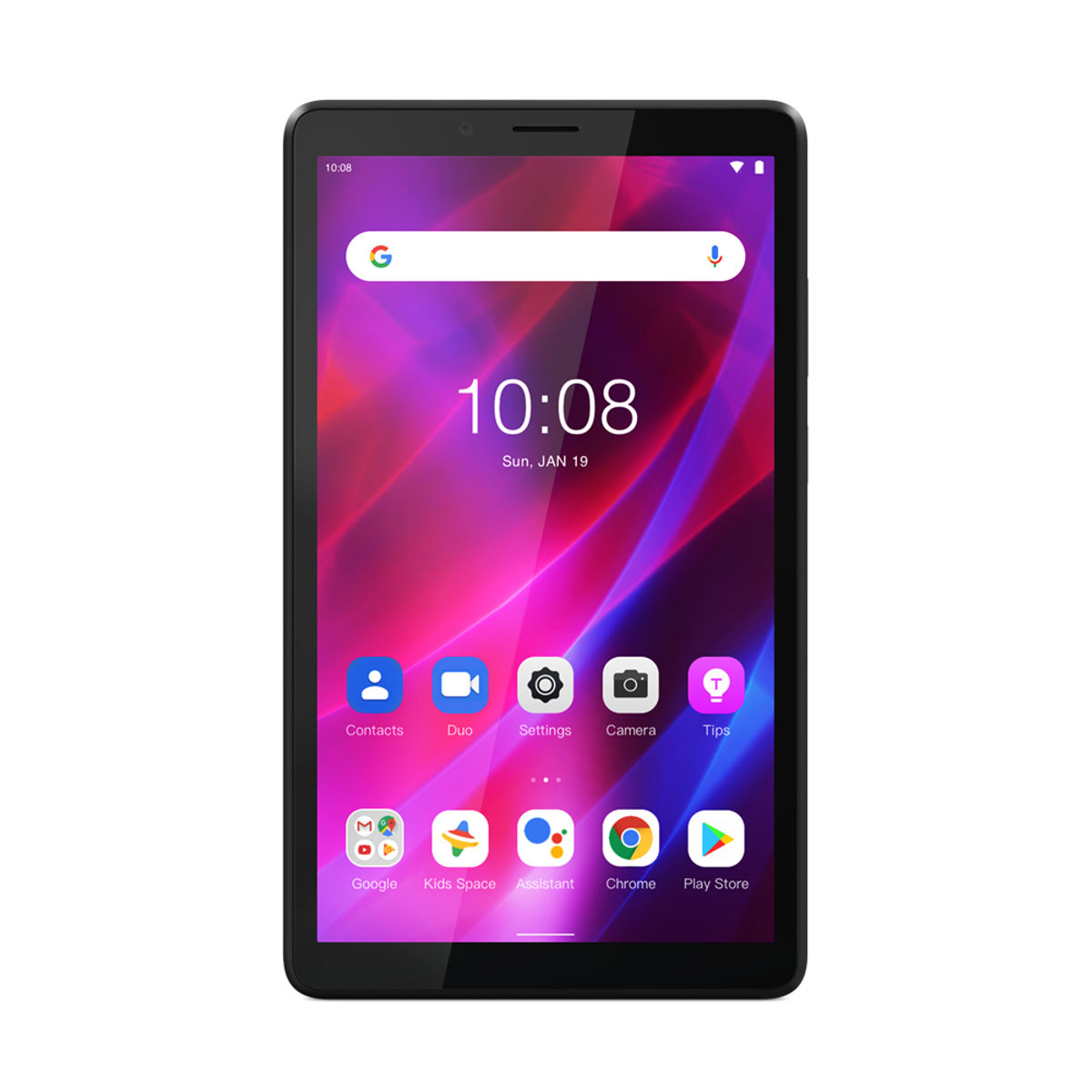 Ein schwarzes Tablet zeigt einen Startbildschirm mit Symbolen, darunter Google und verschiedene Apps.