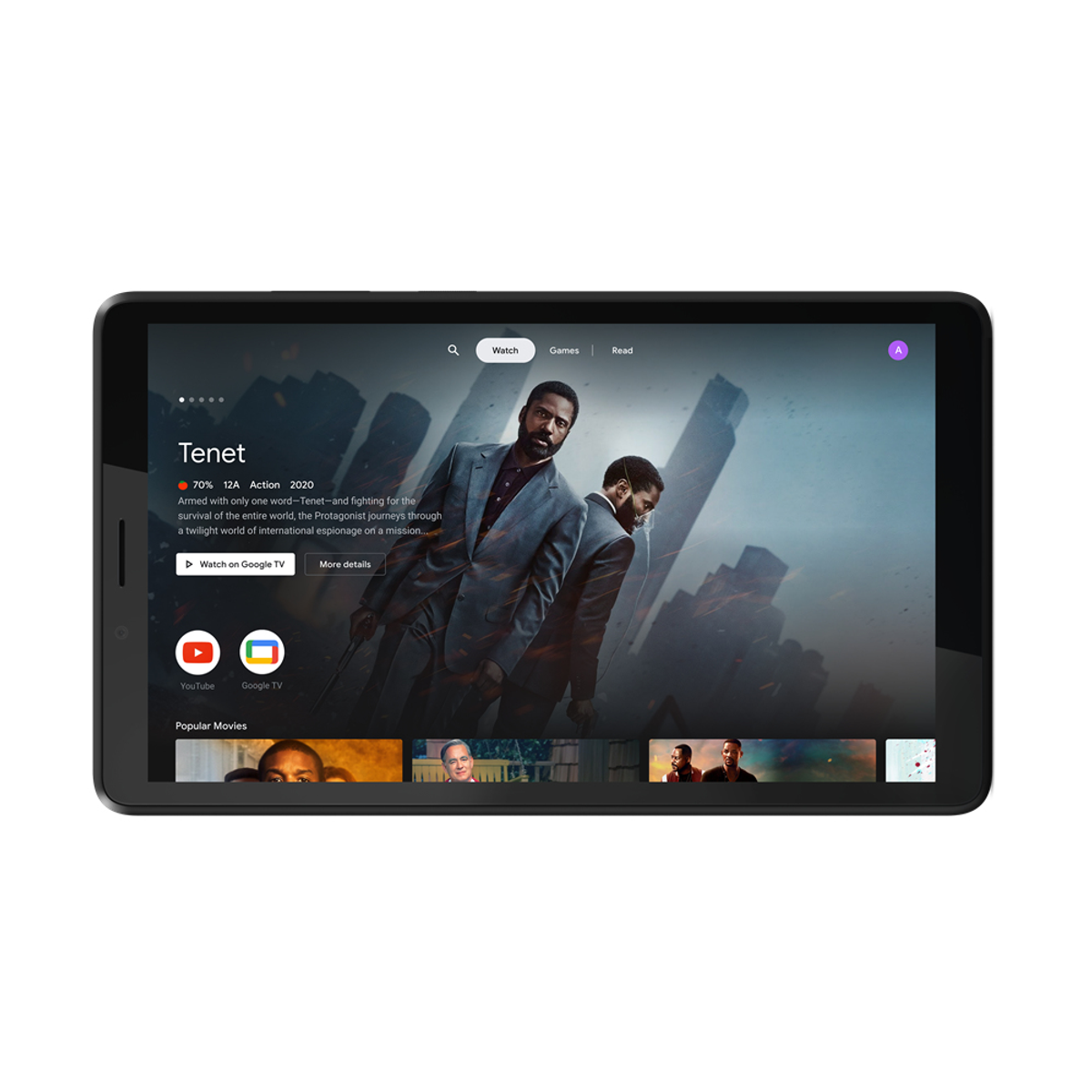 Tablet mit einer Filmszene auf dem Bildschirm und App-Symbolen unten.