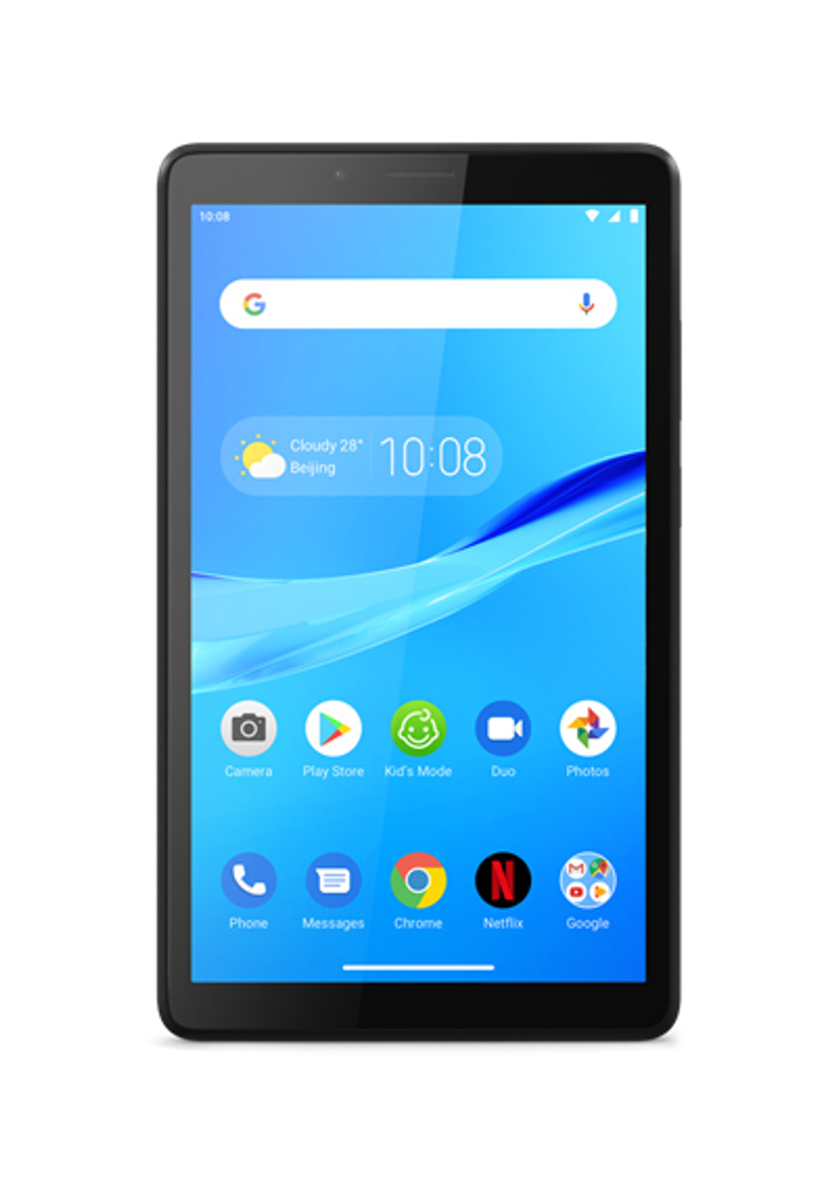 Tablet con schermo blu che mostra icone di app, ora e meteo.
