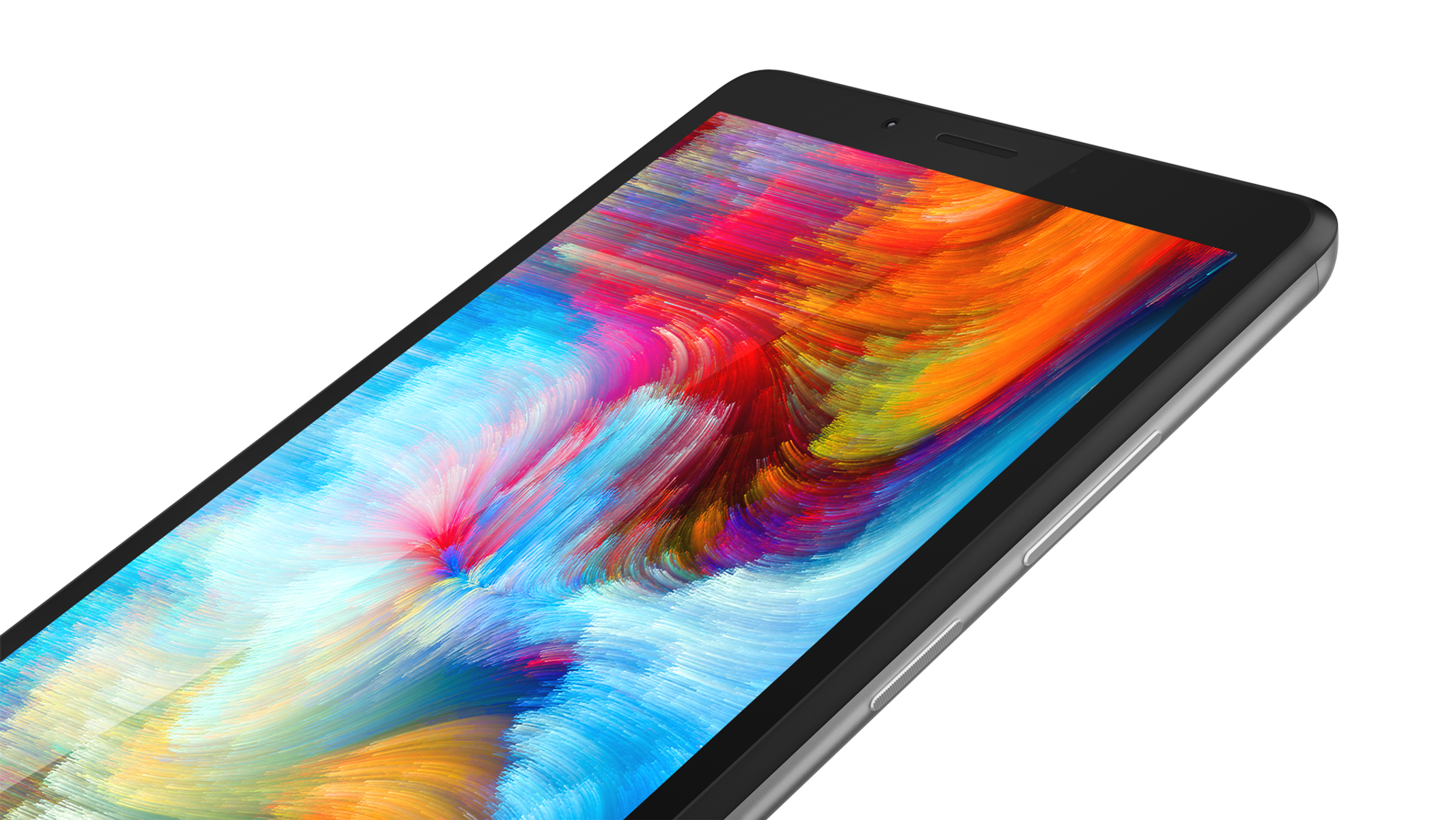 Un tablet con un display colorato. Lo schermo mostra sfumature miste di rosso, arancione e blu.