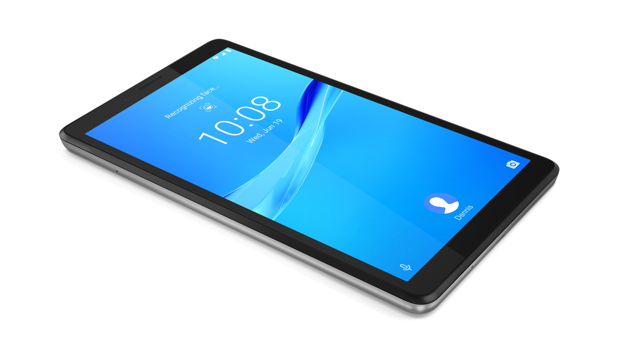 Tablet nero con schermo blu che mostra ora, data e un'icona utente.