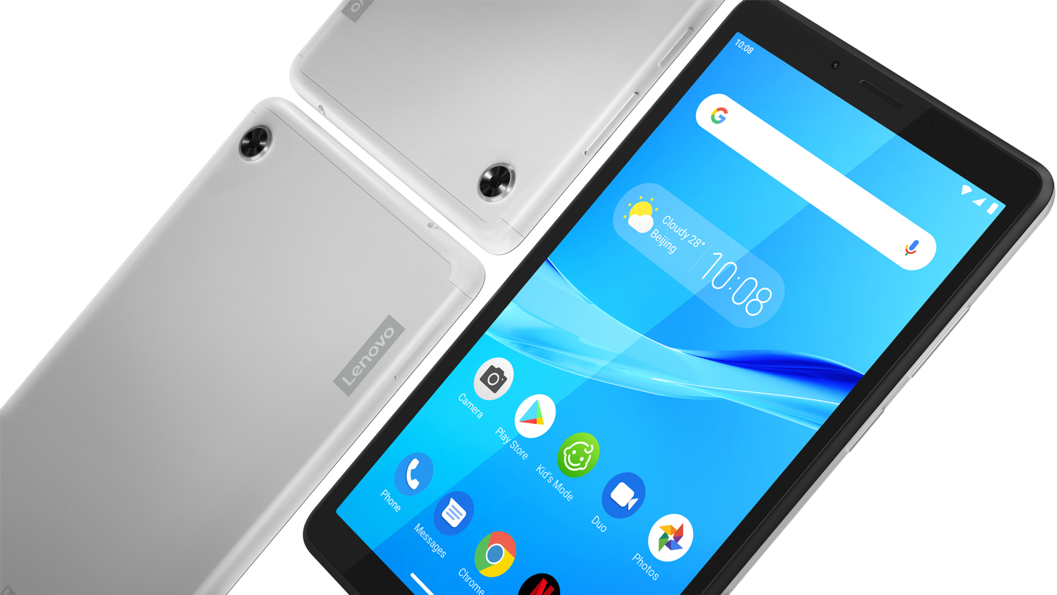 Tre tablet su una superficie bianca, uno con schermo blu che mostra icone.