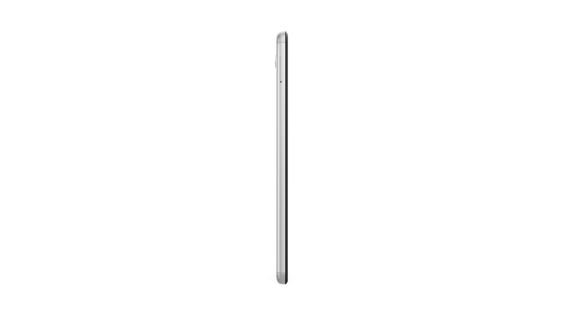 Un tablet sottile argentato è mostrato di lato su uno sfondo bianco.