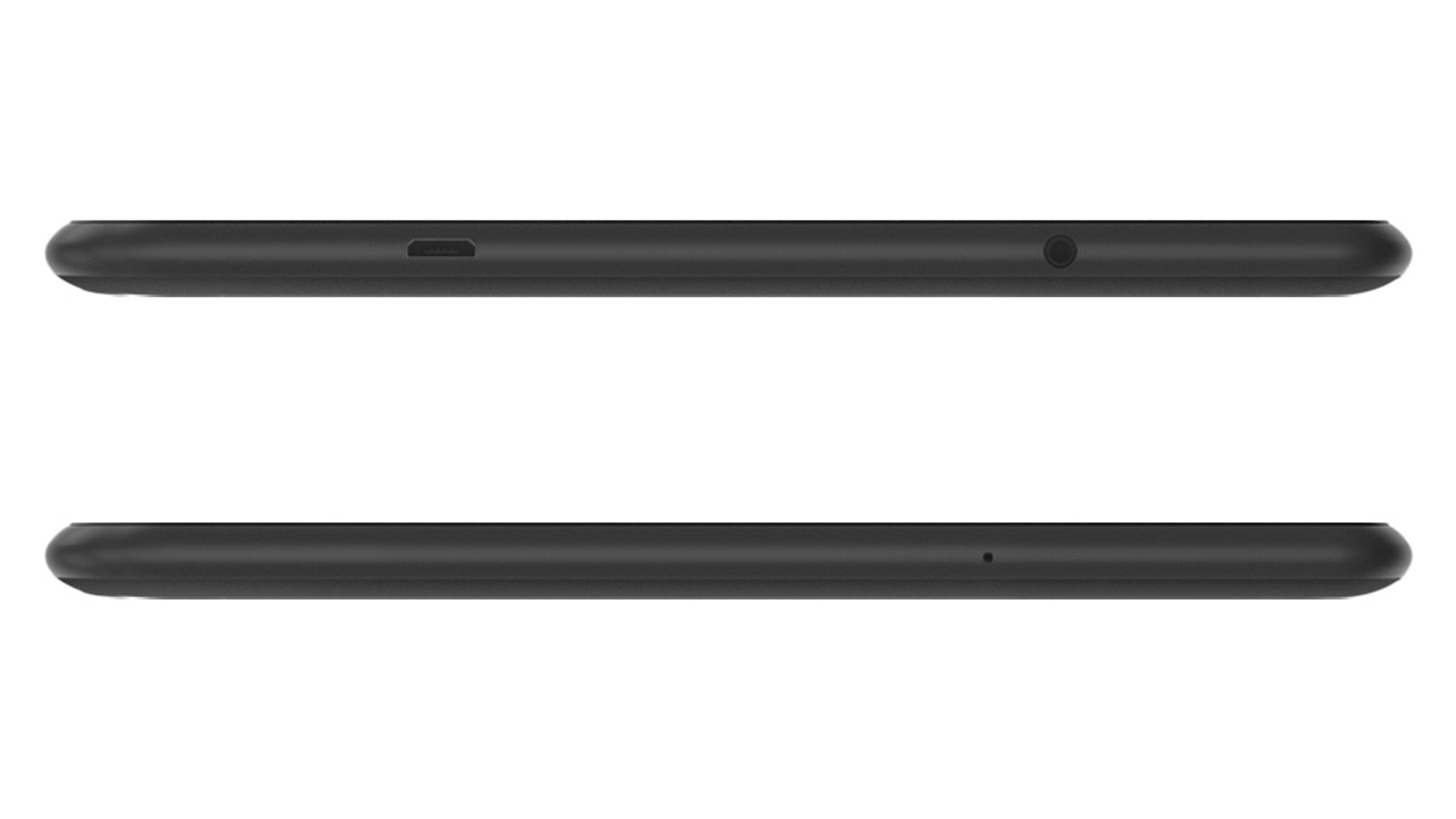 Due viste di un tablet nero. Una mostra il bordo superiore con le porte; l'altra, il fondo.