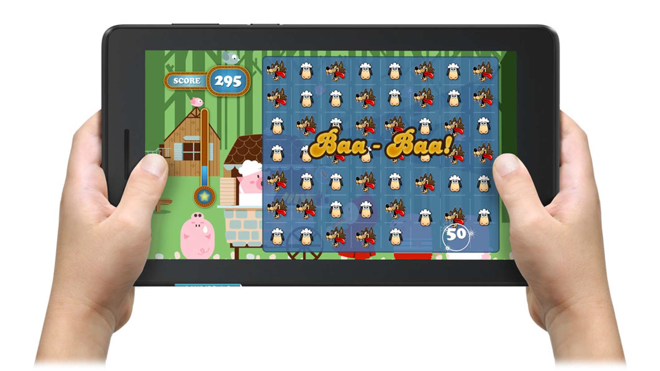 Una persona tiene in mano un tablet con un gioco con maiali e lupi dei cartoni animati.
