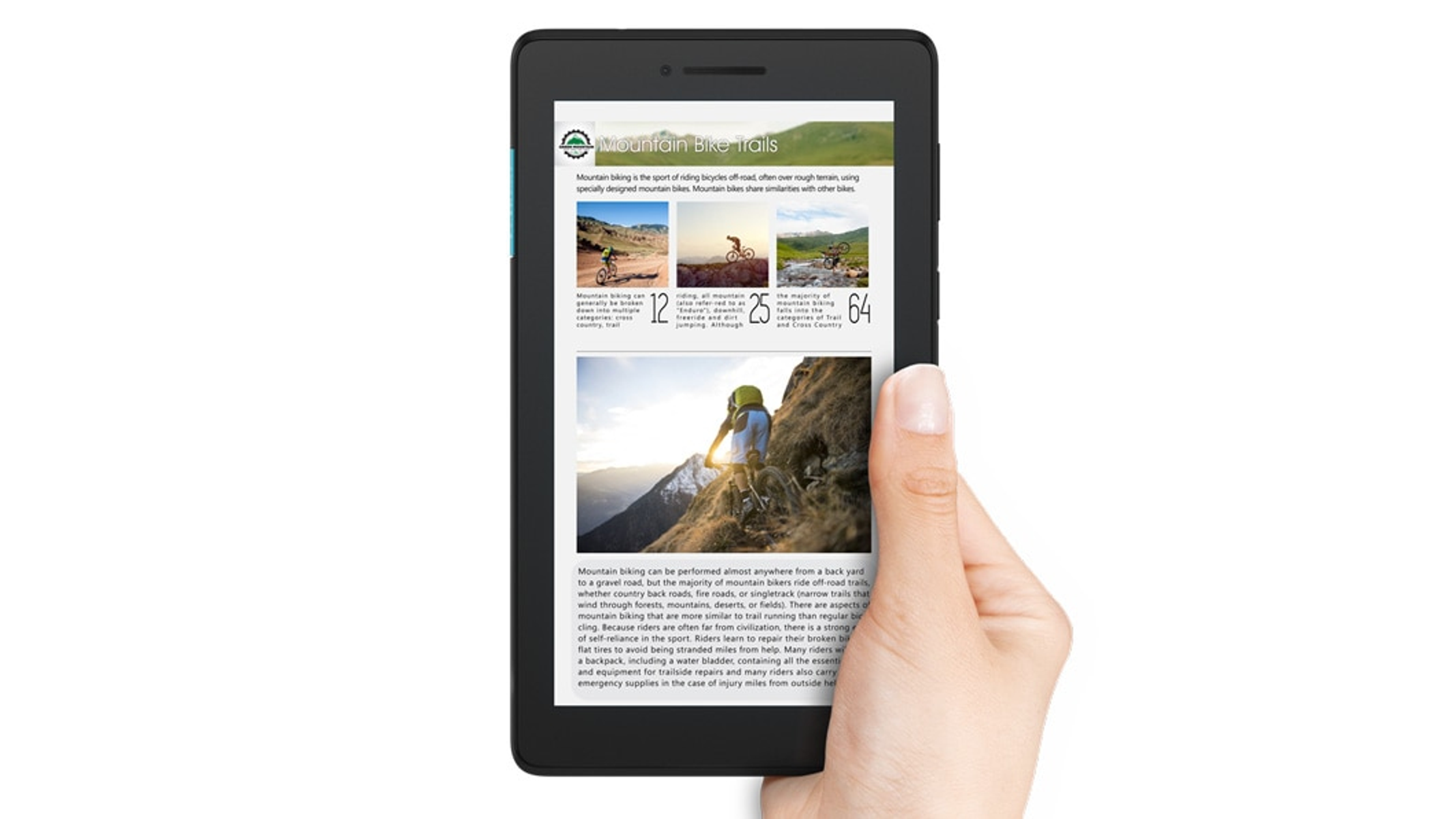 Una mano che tiene un tablet che mostra una pagina web di percorsi per mountain bike.