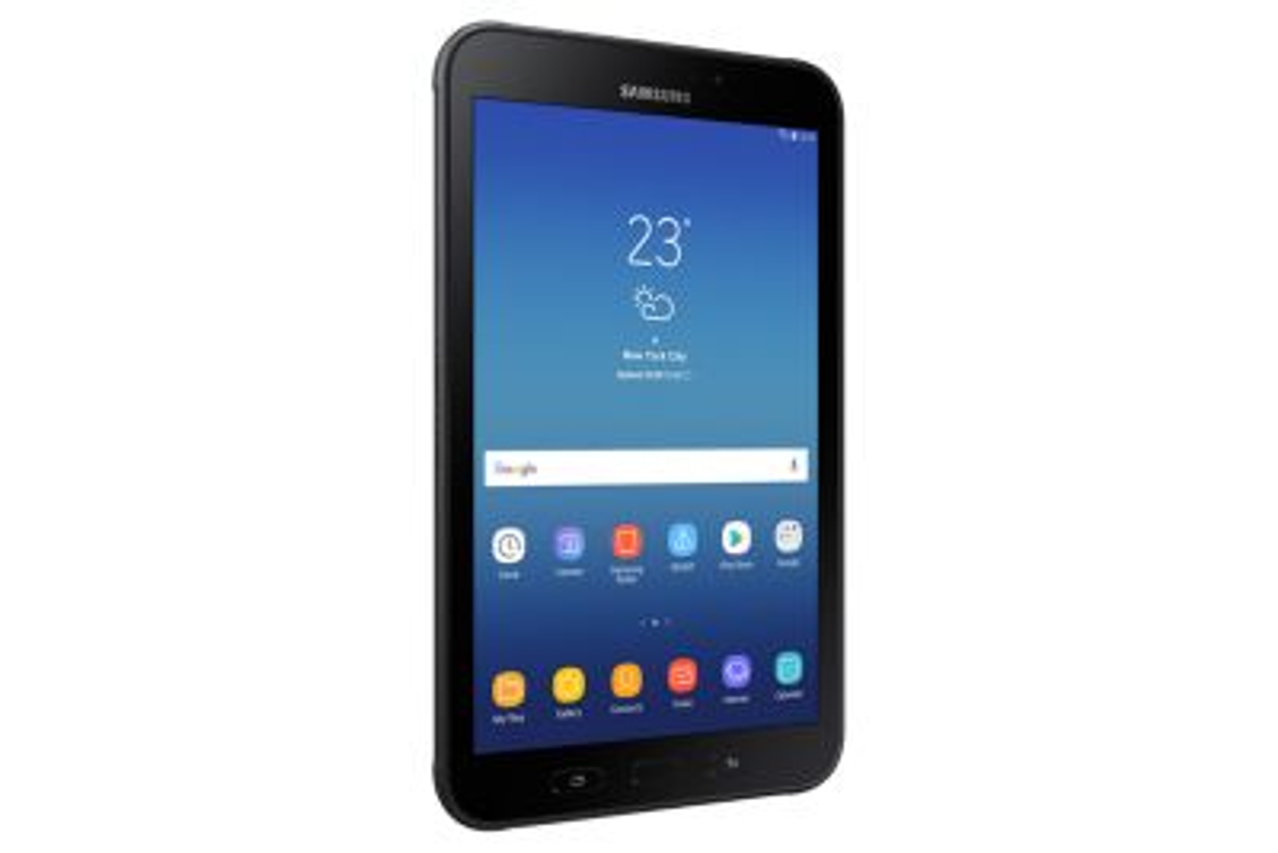 Czarny tablet wyświetla niebieski ekran z ikonami aplikacji i widżetem pogody.