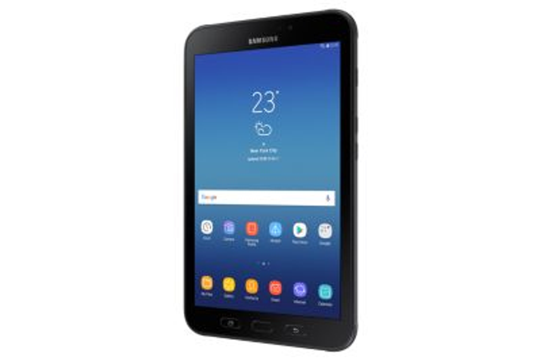 Czarny tablet wyświetla ekran aplikacji z ikonami na białym tle.