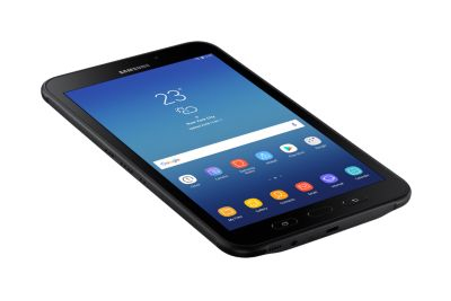 Czarny tablet Samsung z niebieskim ekranem z ikonami.