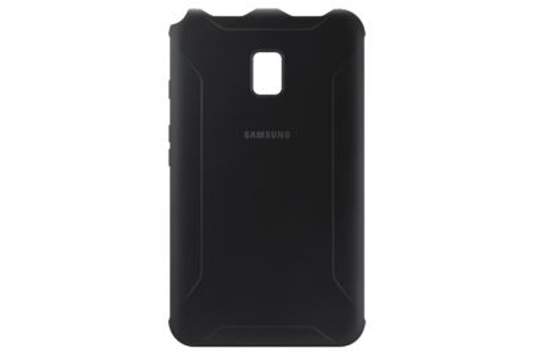 Czarny tył tabletu Samsung, wytrzymała konstrukcja, z wycięciem na aparat.