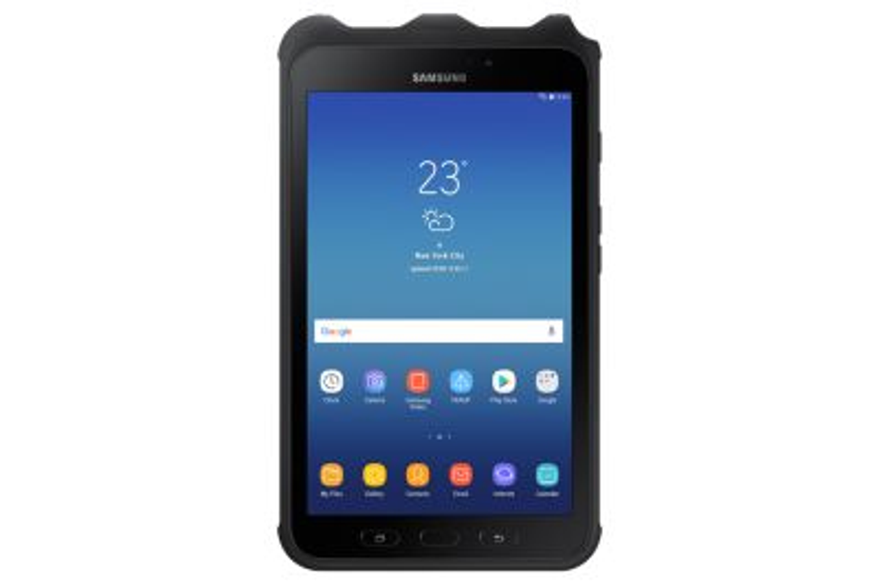 Czarny tablet z przednim aparatem. Samsung. Pokazuje ikony aplikacji i godzinę 23°. Czarna ramka.