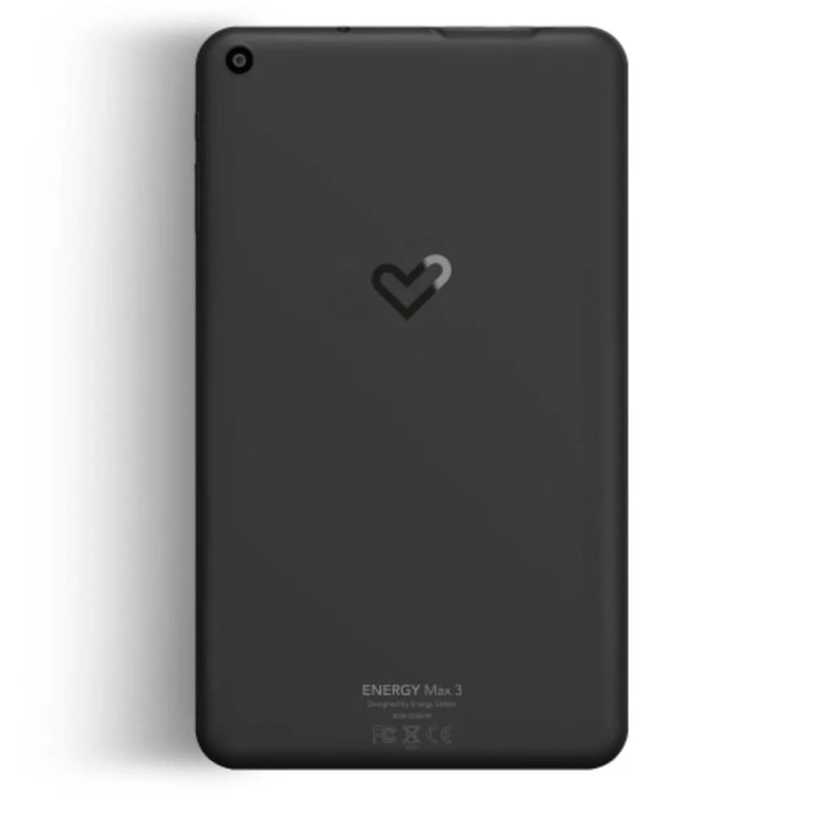 Parte trasera de tableta negra con logo de corazón y texto.