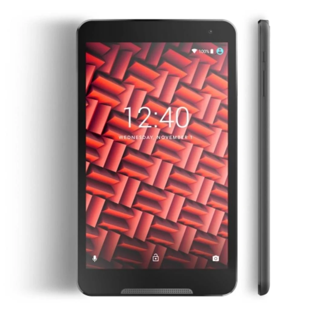 Una tableta negra muestra una pantalla con hora y un fondo abstracto rojo.
