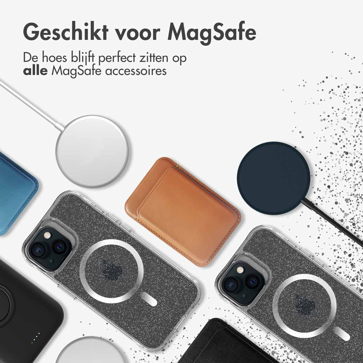 Meerdere telefoonhoesjes en oplaadaccessoires op een wit oppervlak, met tekst 'Geeignet für MagSafe'.