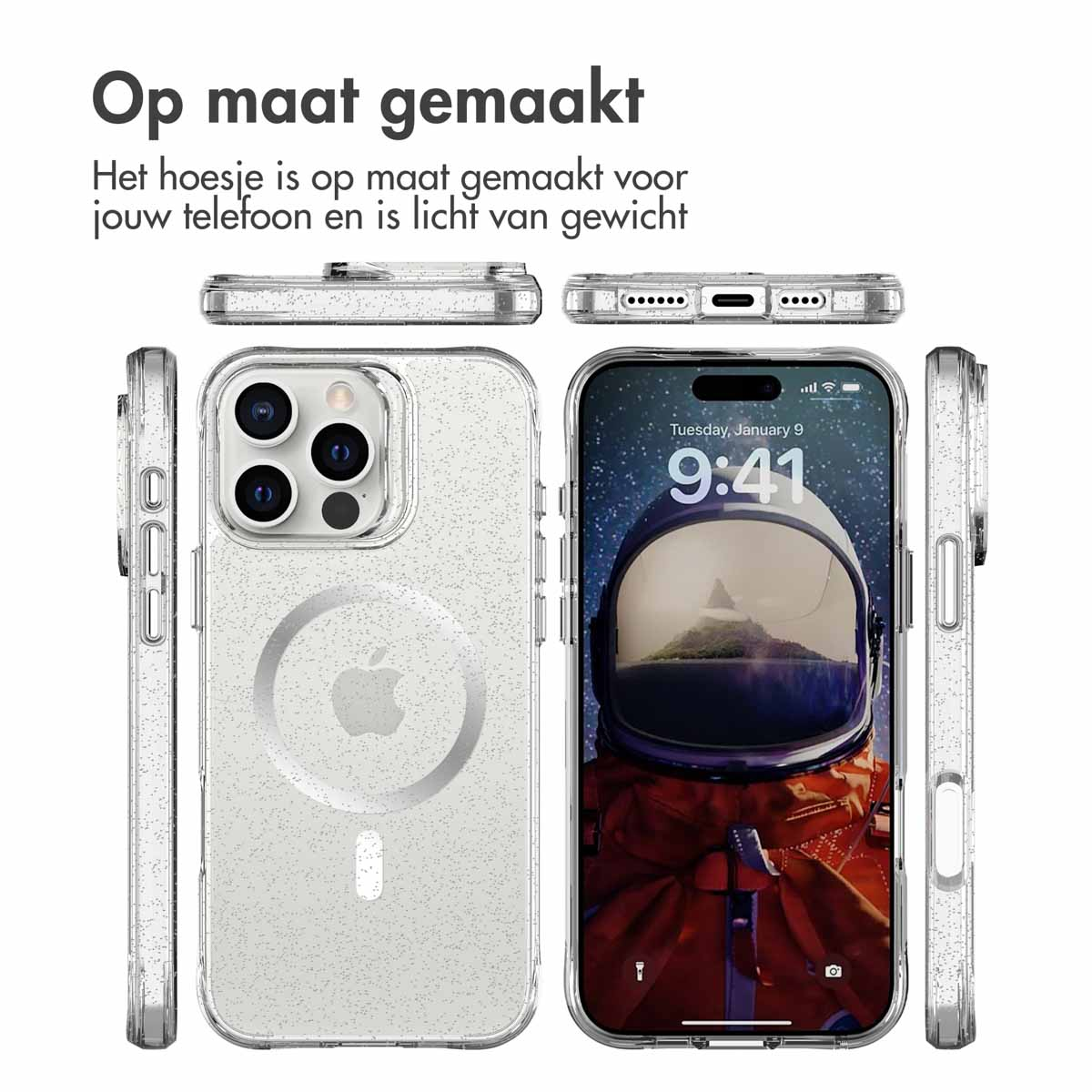 IMOSHION Glitter Backcover met MagSafe 2.0 - Geschikt voor Apple iPhone 16 Pro - Telefoonhoesje voor Apple iPhone 16 Pro Zilver