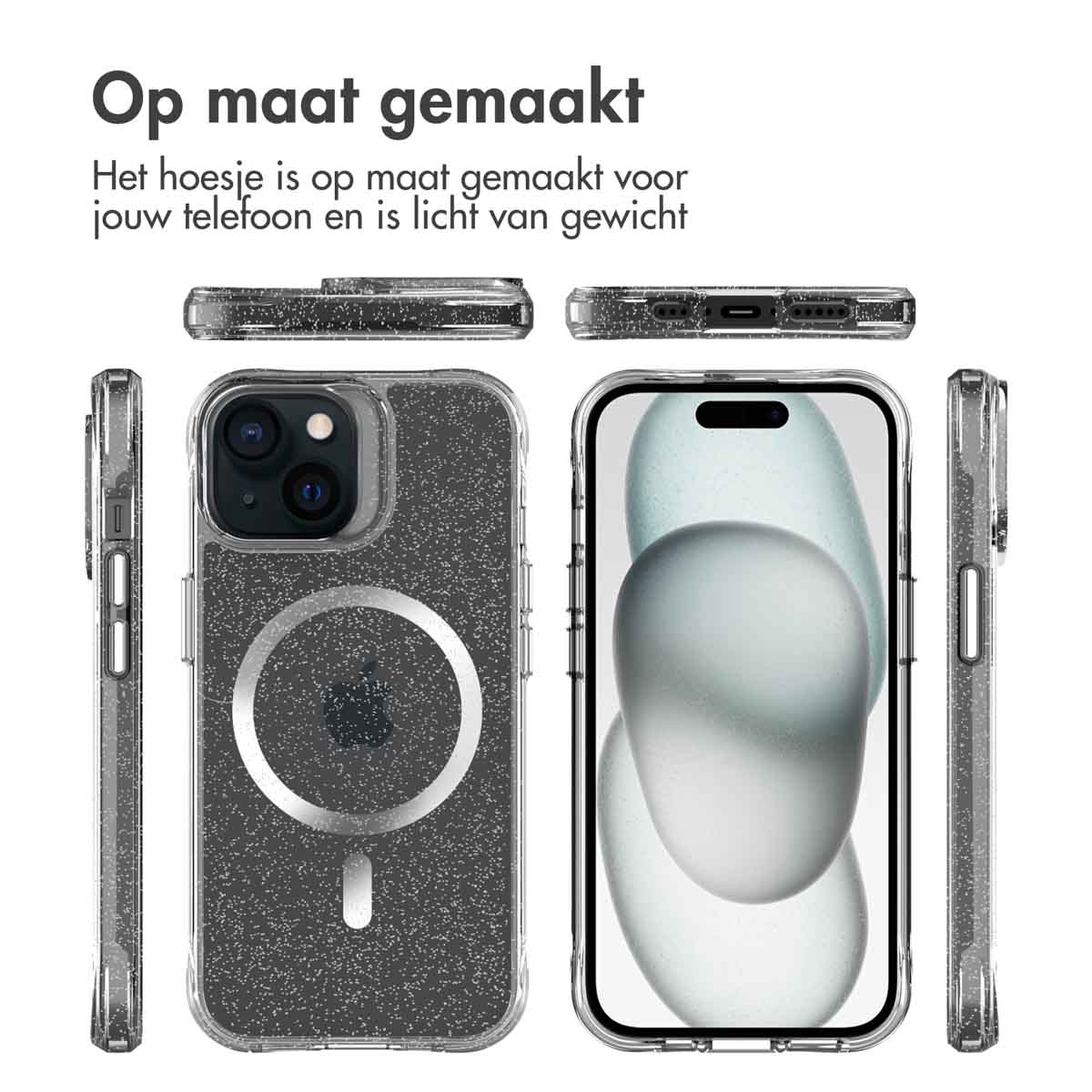 IMOSHION Glitter Backcover met MagSafe 2.0 - Geschikt voor Apple iPhone 15 - Telefoonhoesje voor Apple iPhone 15 Zilver