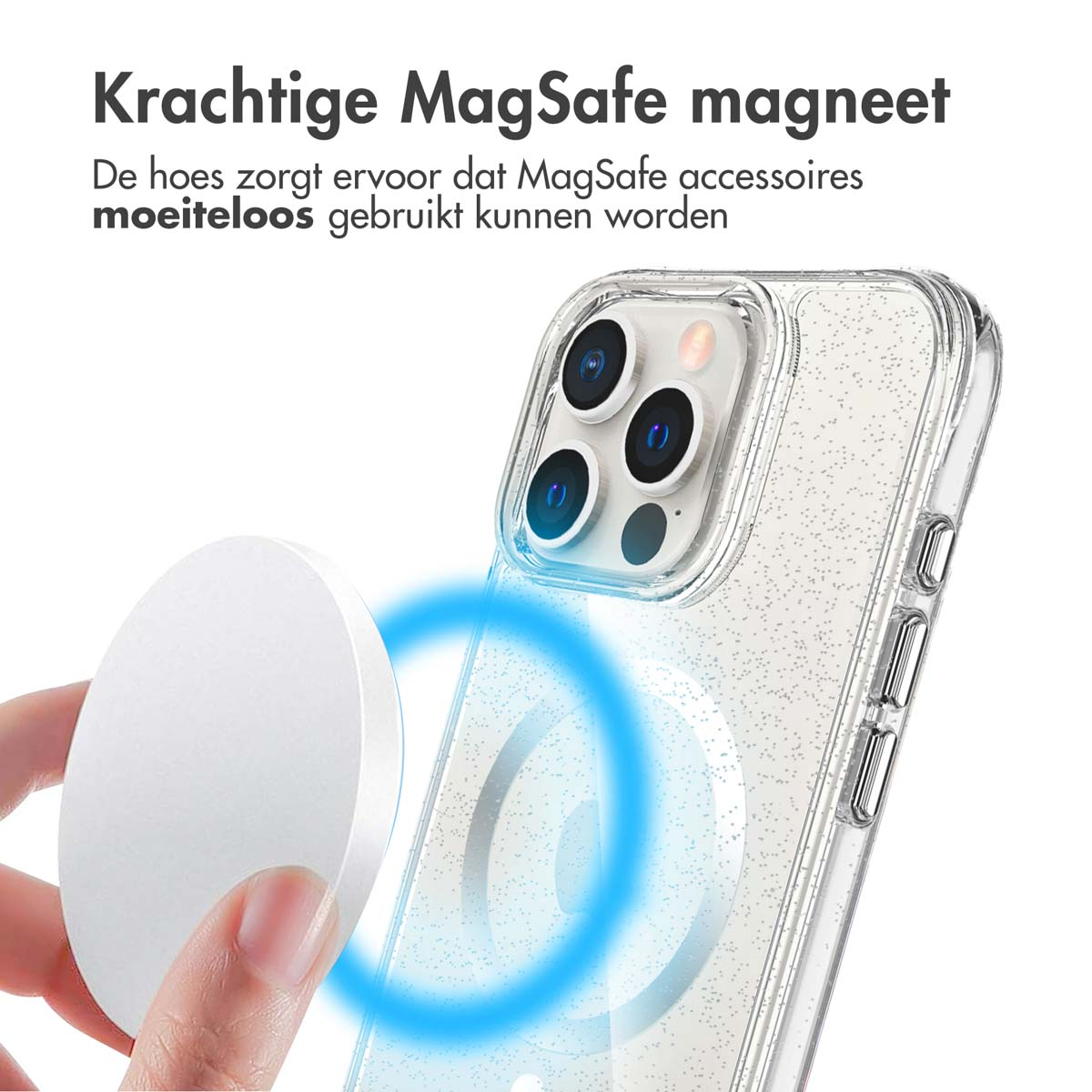 Een telefoon met hoesje en een cirkelvormige Magsafe-oplader. Tekst over Magsafe-technologie.