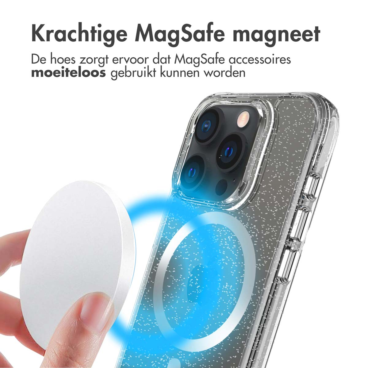 Een telefoonhoesje met een witte magnetische cirkel en een telefoon. Een hand houdt de magnetische cirkel vast.