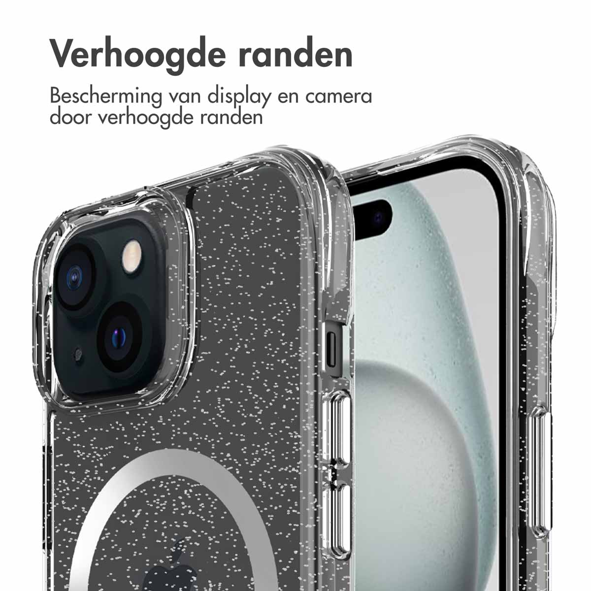 Een telefoonhoesje met een telefoon erin, met verhoogde randen en een sprankelend exterieur.