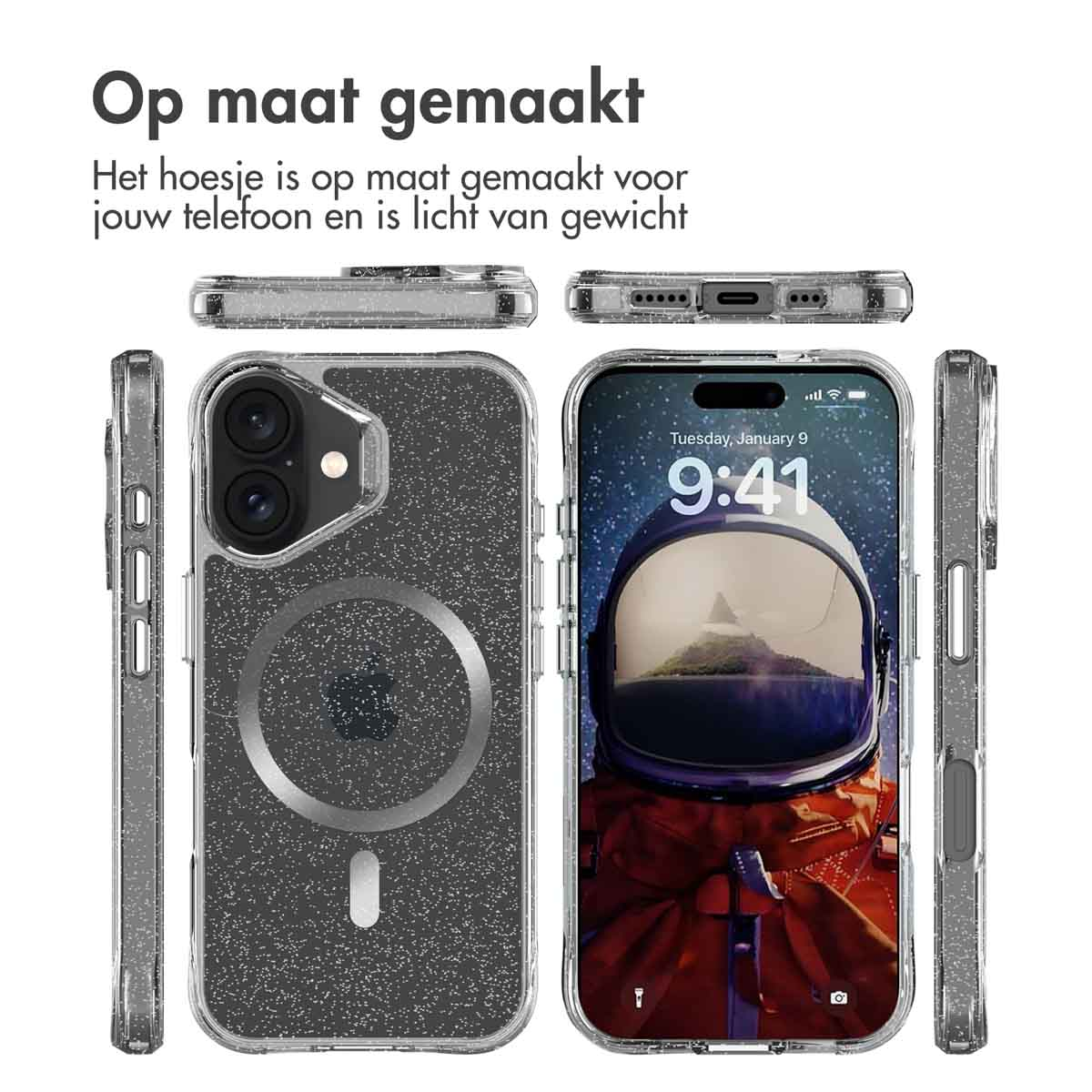 IMOSHION Glitter Backcover met MagSafe 2.0 - Geschikt voor Apple iPhone 16 - Telefoonhoesje voor Apple iPhone 16 Zilver