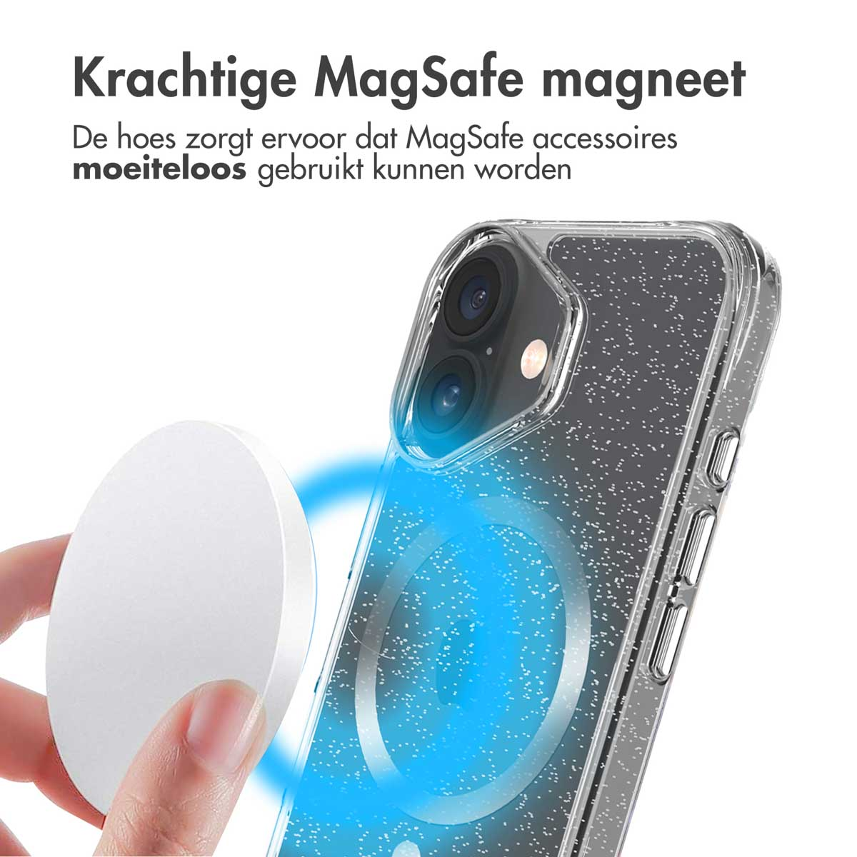 Een telefoonhoesje met een magnetische oplader bevestigd. De hoes is transparant met glitter. Blauw licht.